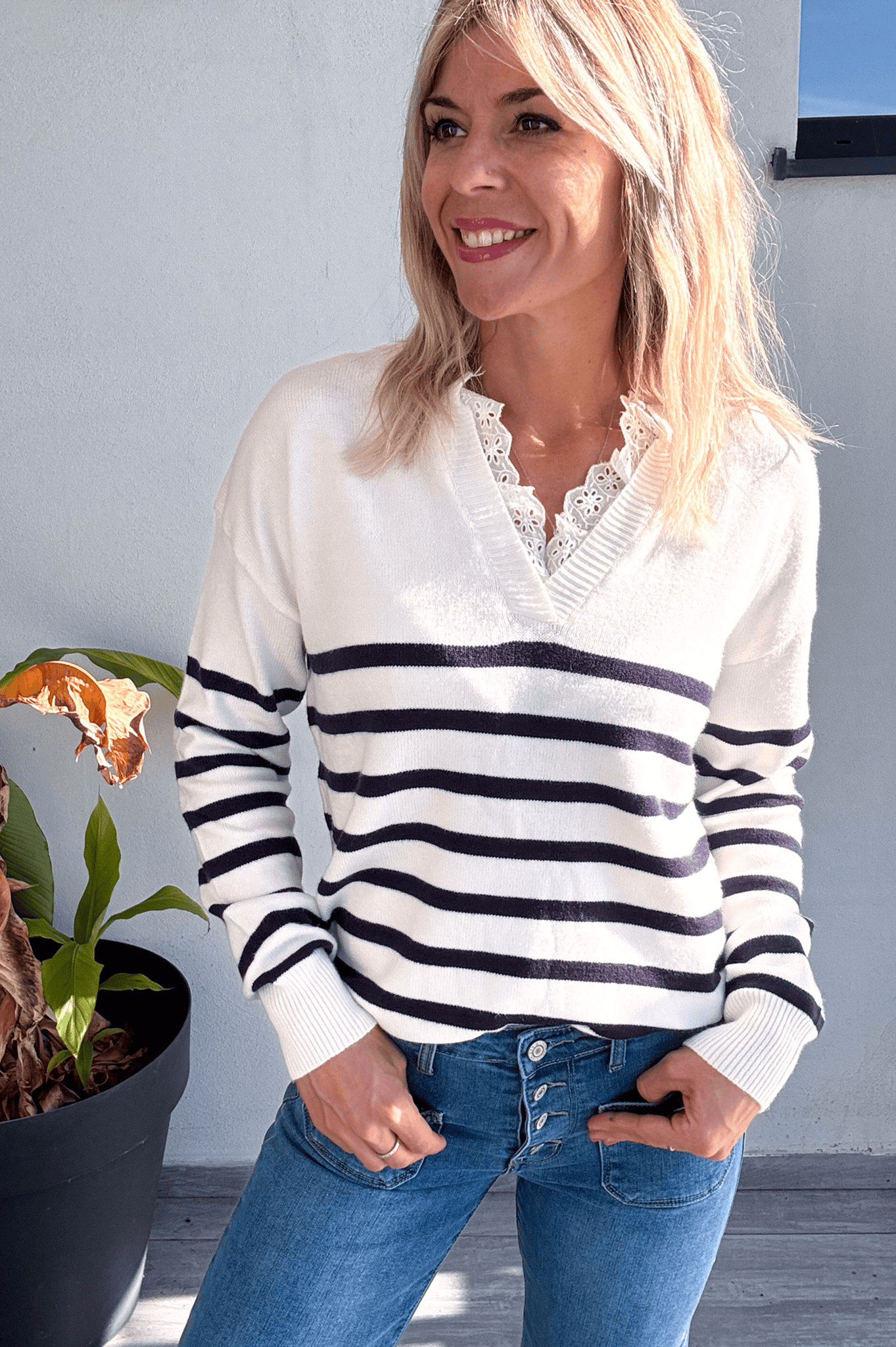 Pull Marinière Ecru rayé marine dentelle la boutique de lydie