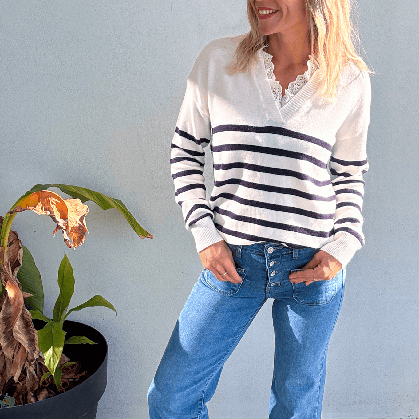 Pull Marinière Ecru rayé marine dentelle