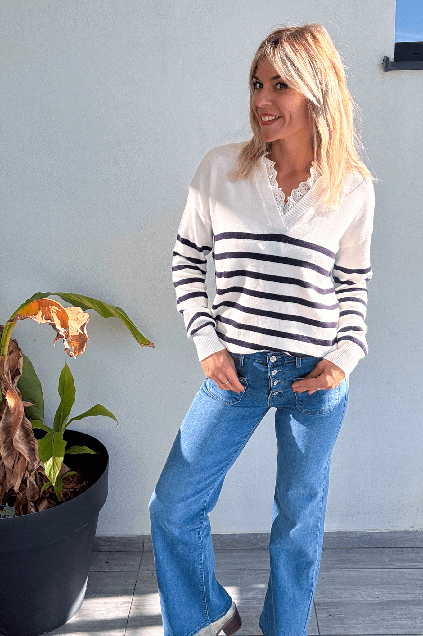 Pull Marinière Ecru rayé marine dentelle