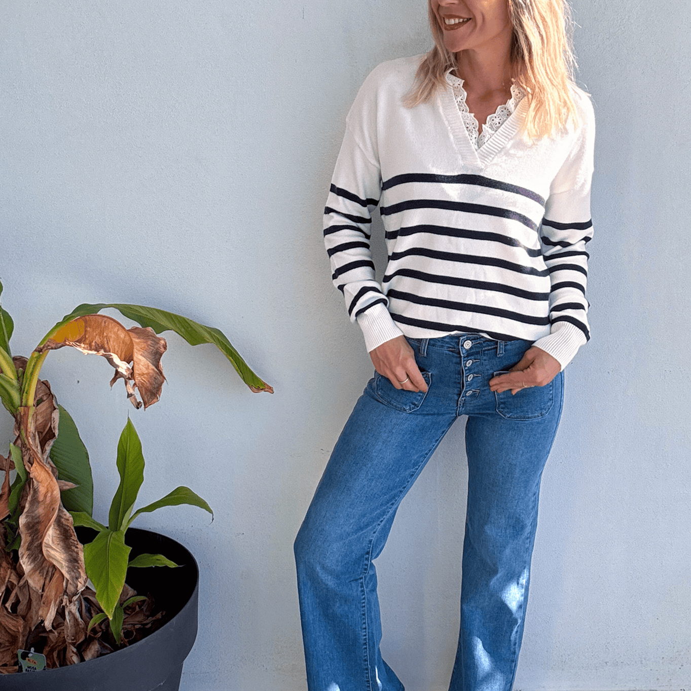 Pull Marinière Ecru rayé marine dentelle