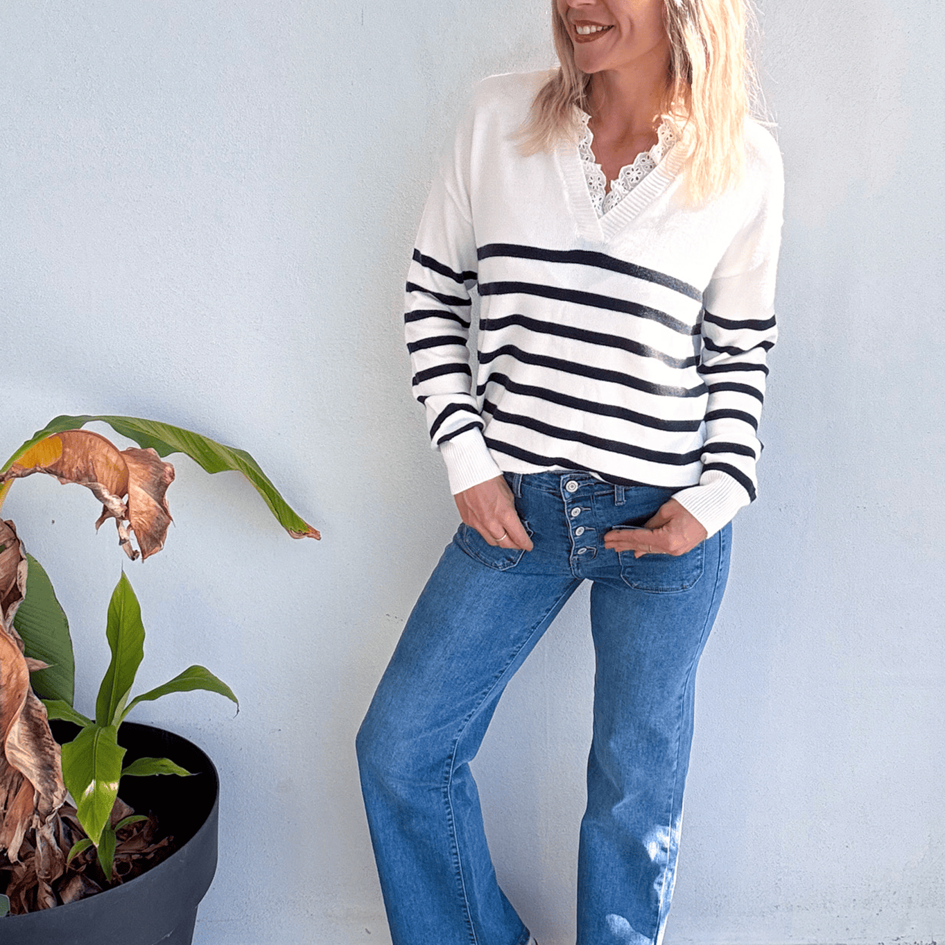 Pull Marinière Ecru rayé marine dentelle