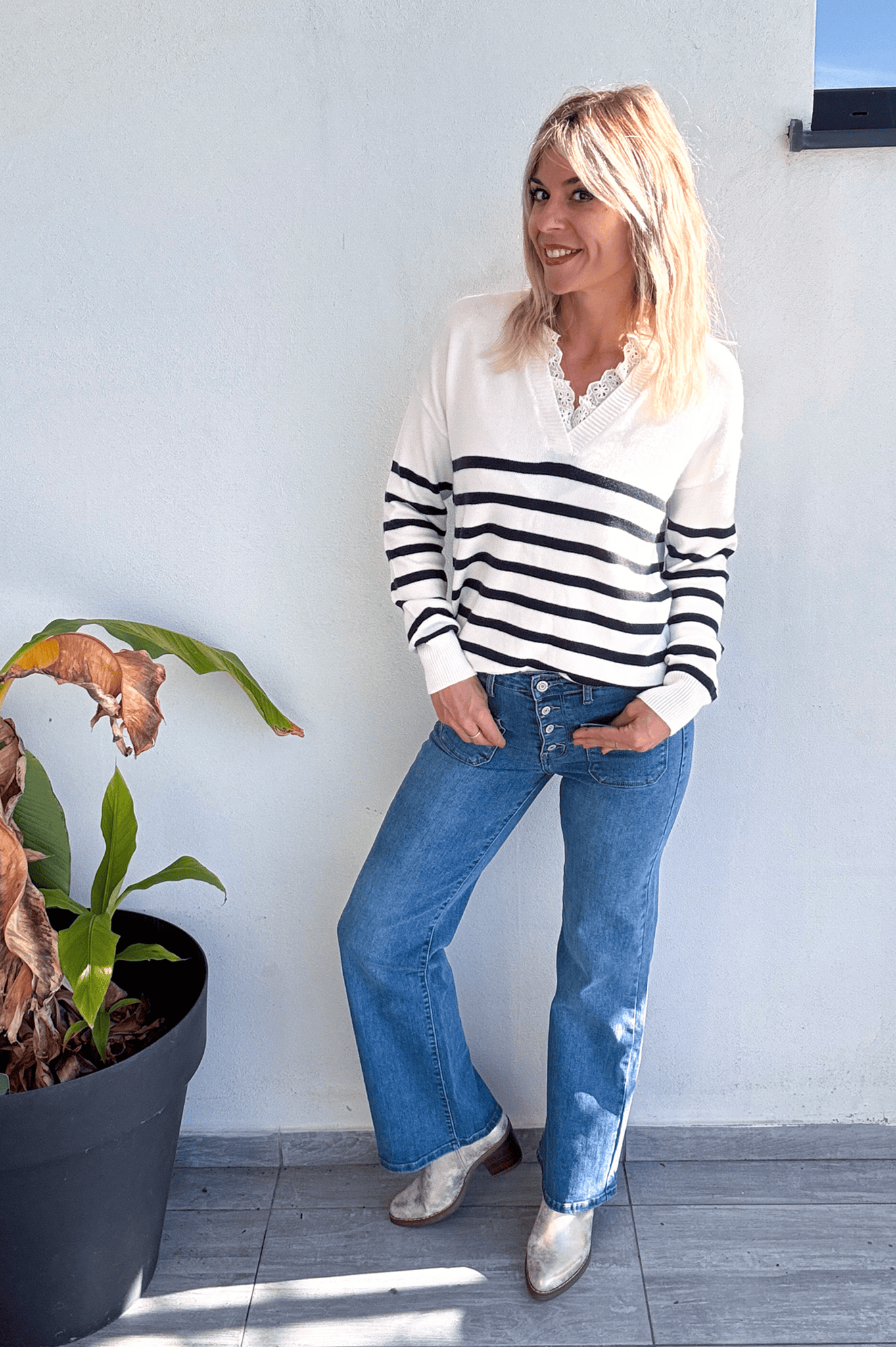 Pull Marinière Ecru rayé marine dentelle