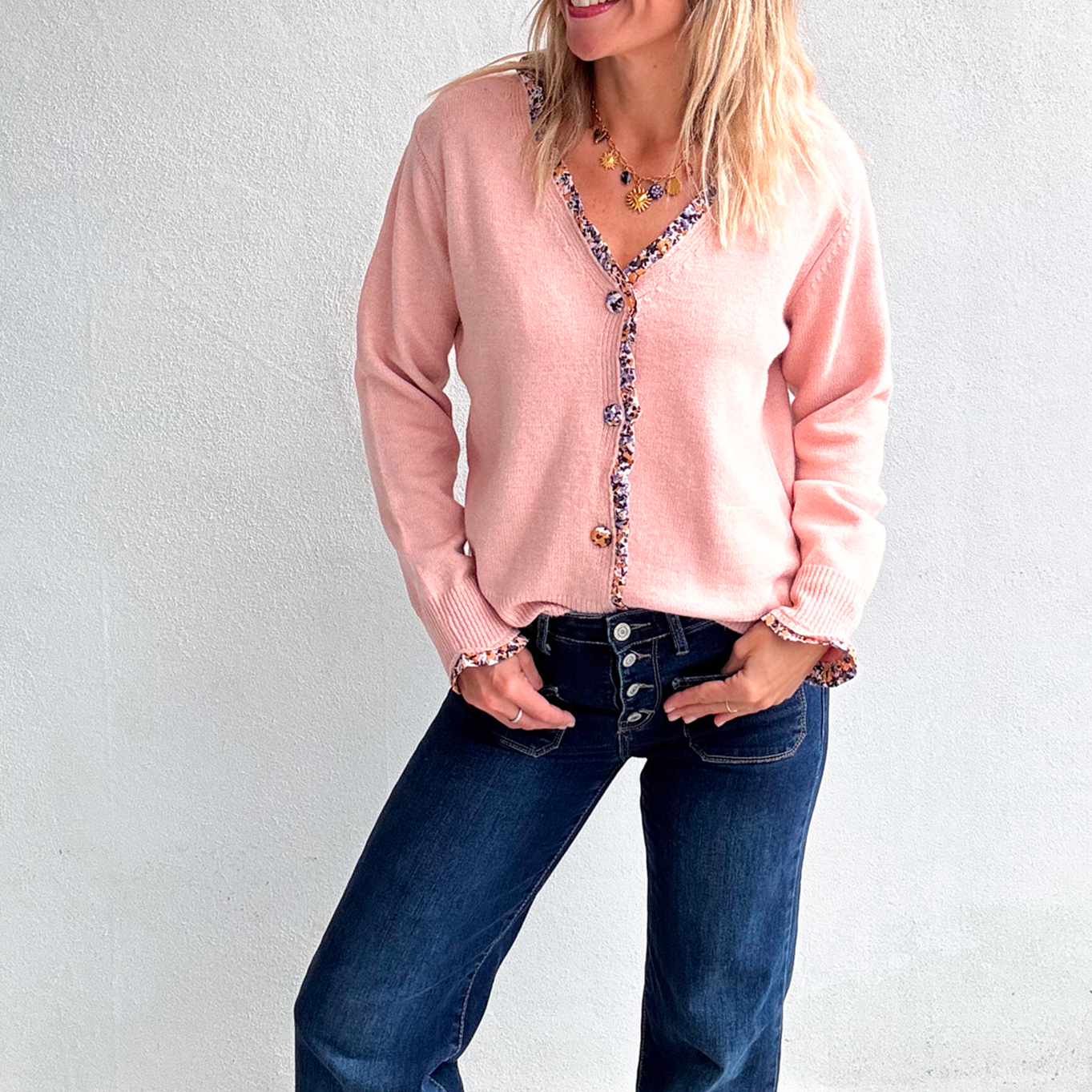 Gilet rose pale fleuri femme