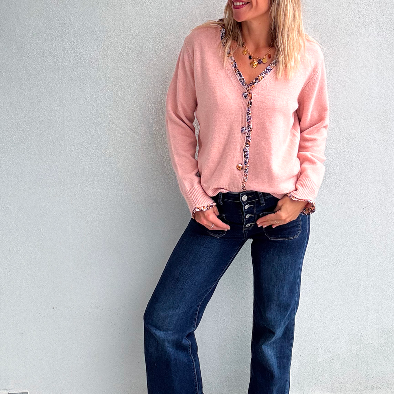 Gilet rose pale fleuri femme