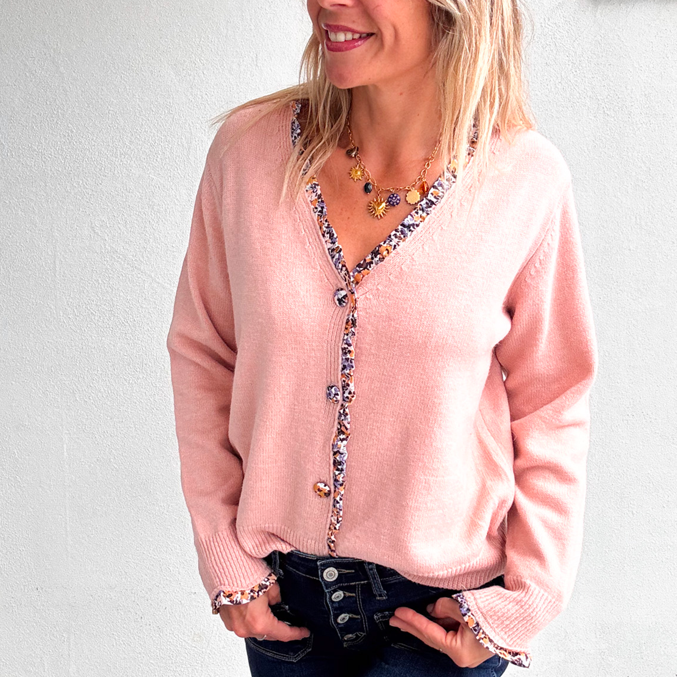 Gilet rose pale fleuri femme