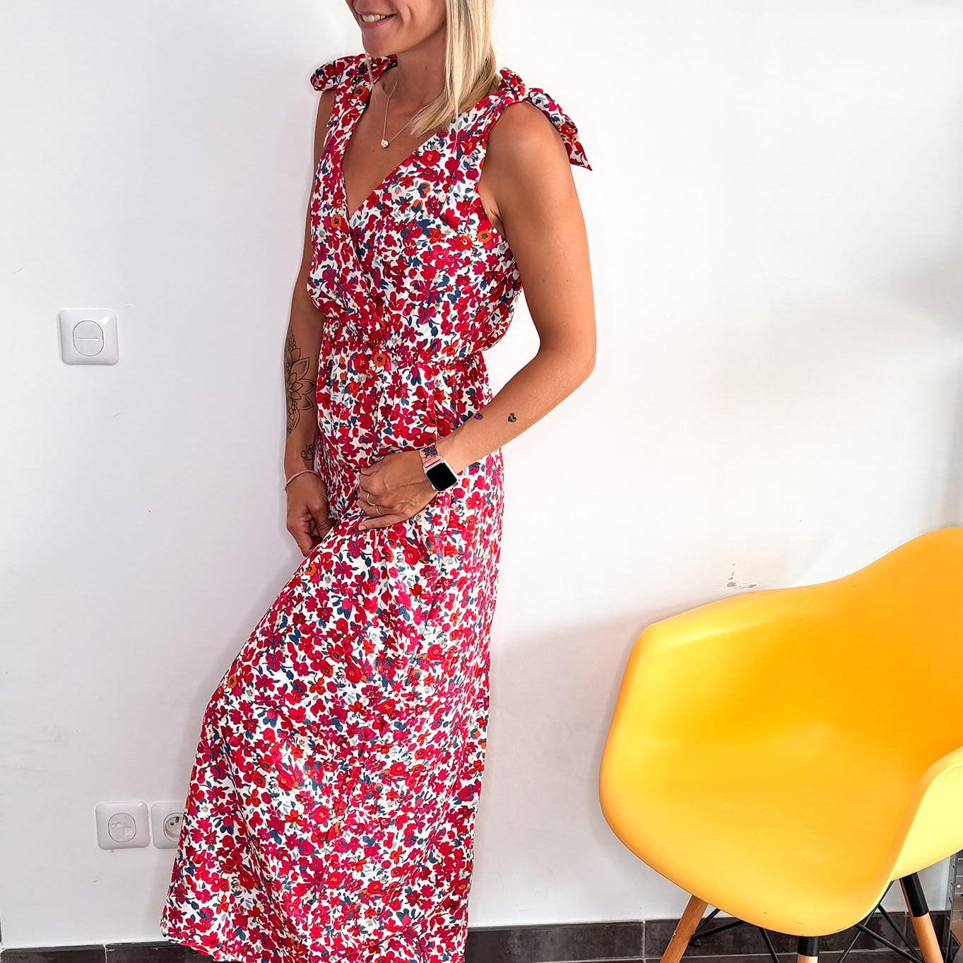 Robe longue rouge motif fleurs la boutique de lydie