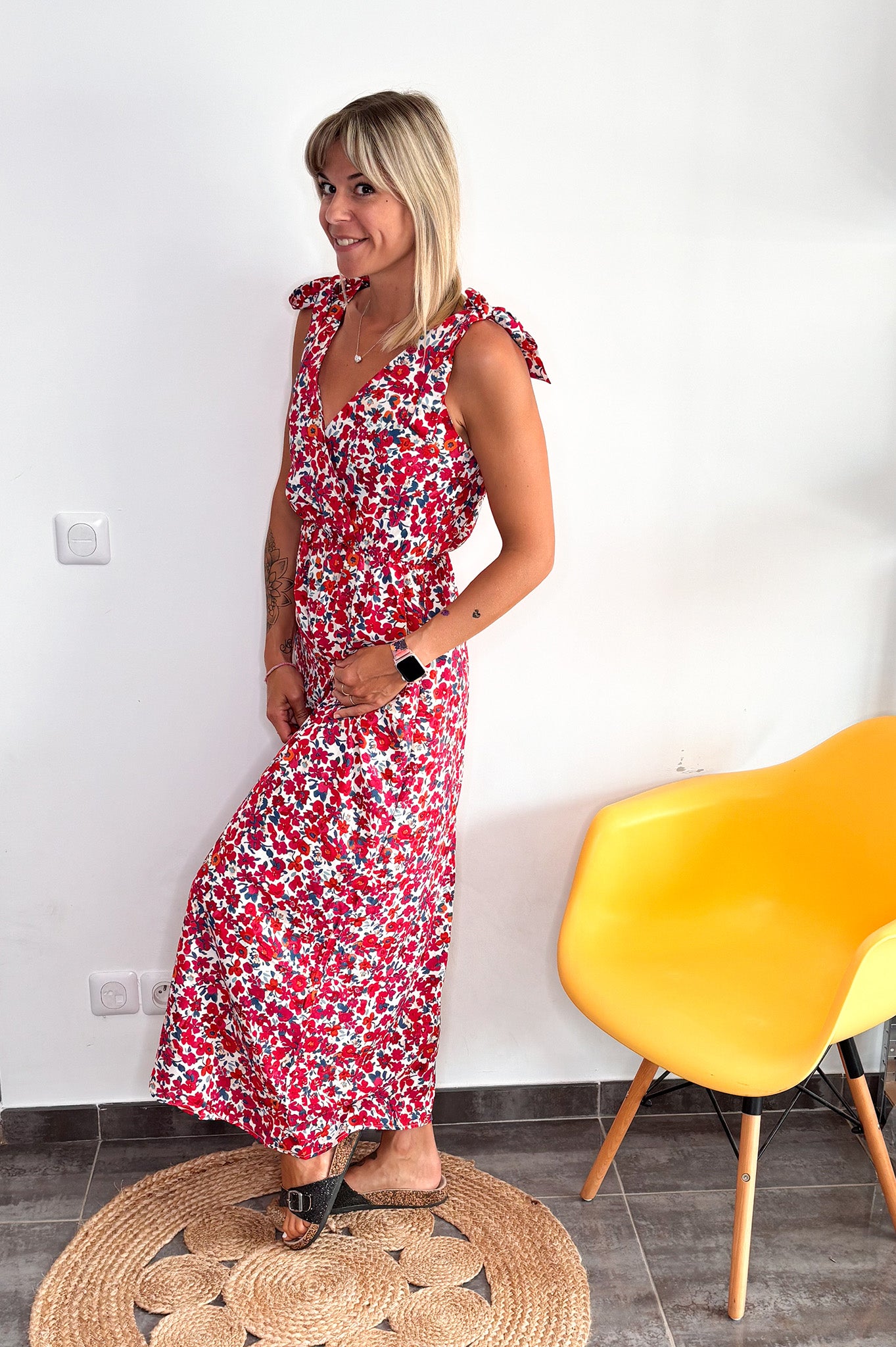 Robe longue rouge motif fleurs la boutique de lydie