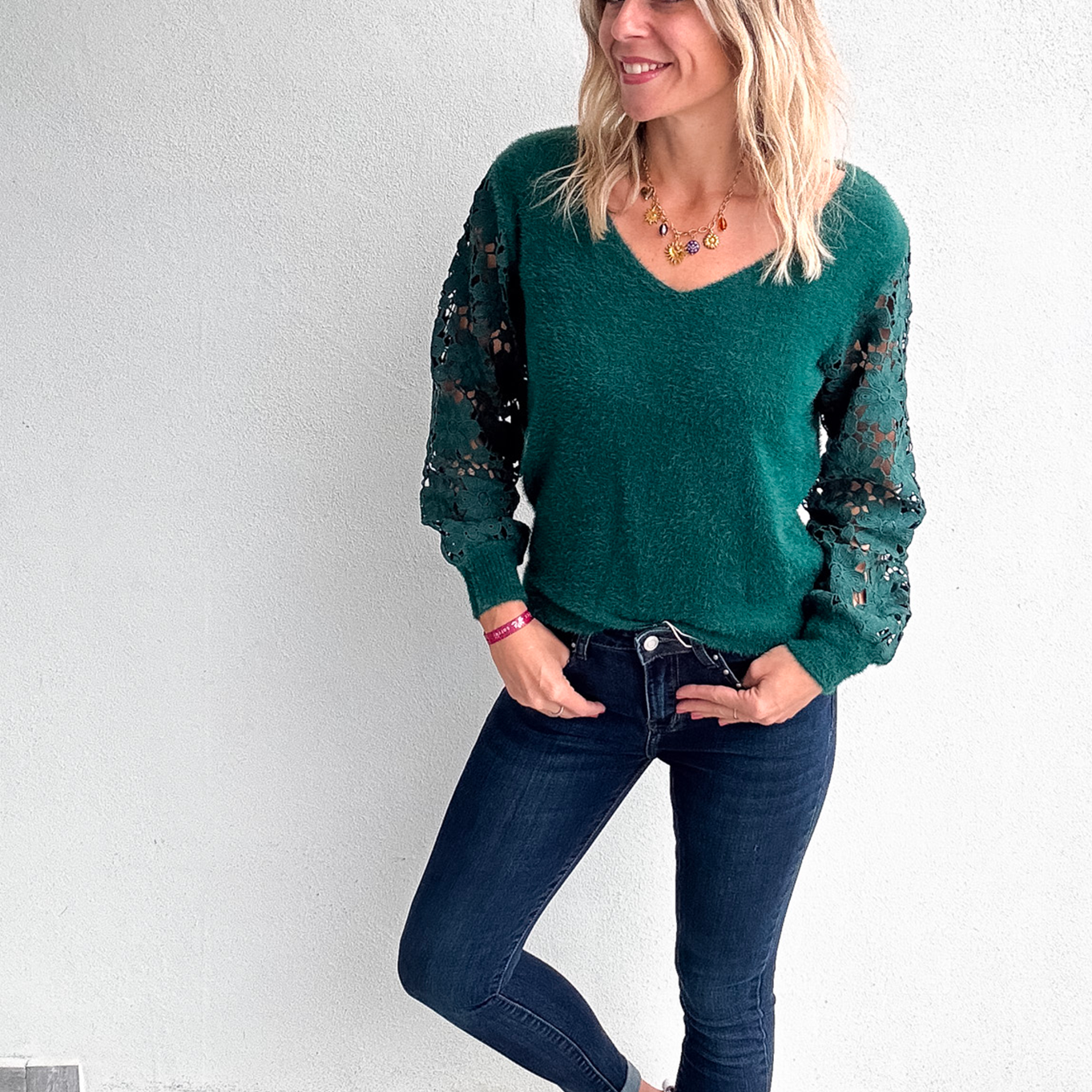 Pull en Maille Douce Vert Sapin - Manches en Dentelle