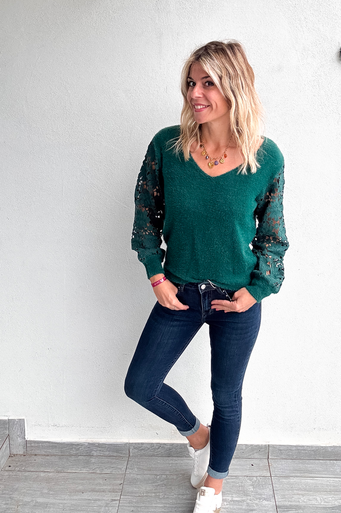 Pull en Maille Douce Vert Sapin - Manches en Dentelle