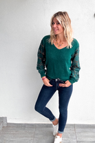 Pull en Maille Douce Vert Sapin - Manches en Dentelle
