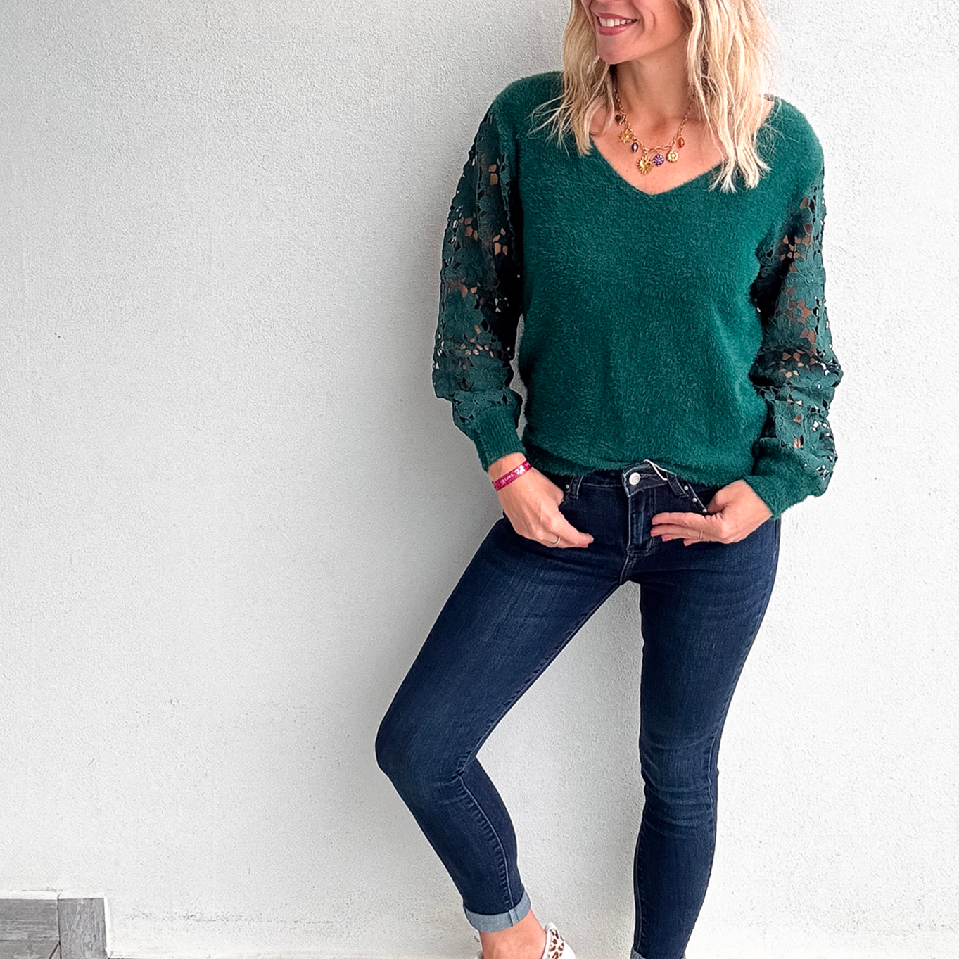 Pull en Maille Douce Vert Sapin - Manches en Dentelle