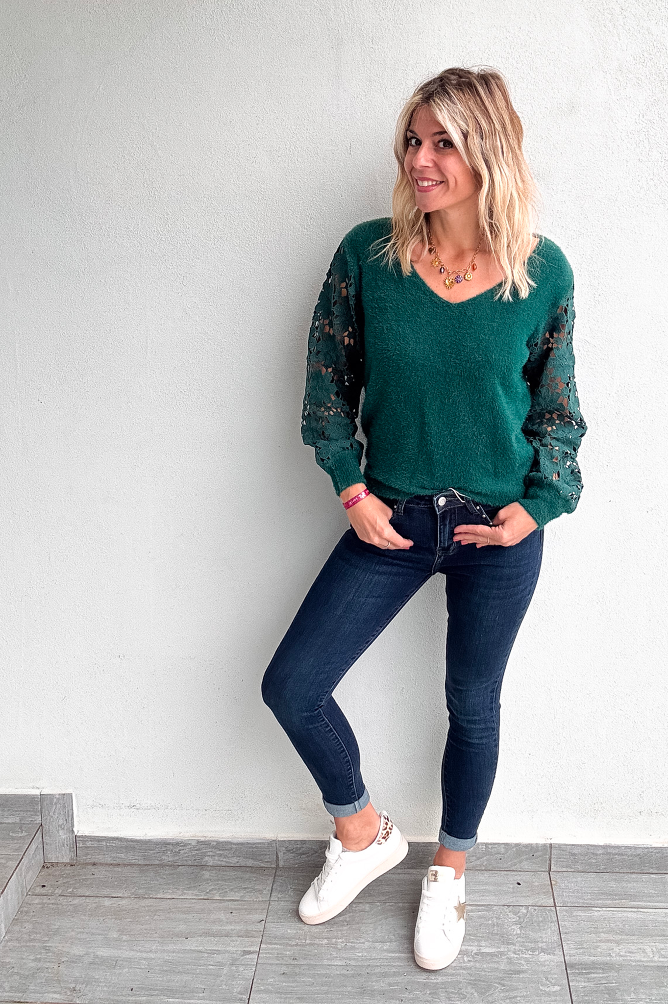 Pull en Maille Douce Vert Sapin - Manches en Dentelle