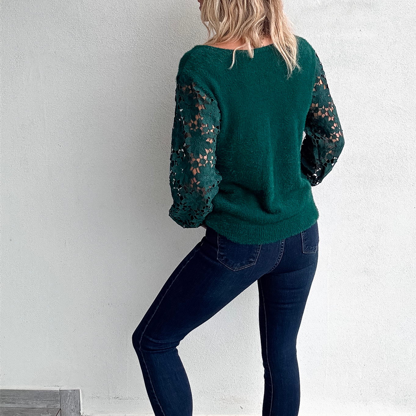 Pull en Maille Douce Vert Sapin - Manches en Dentelle