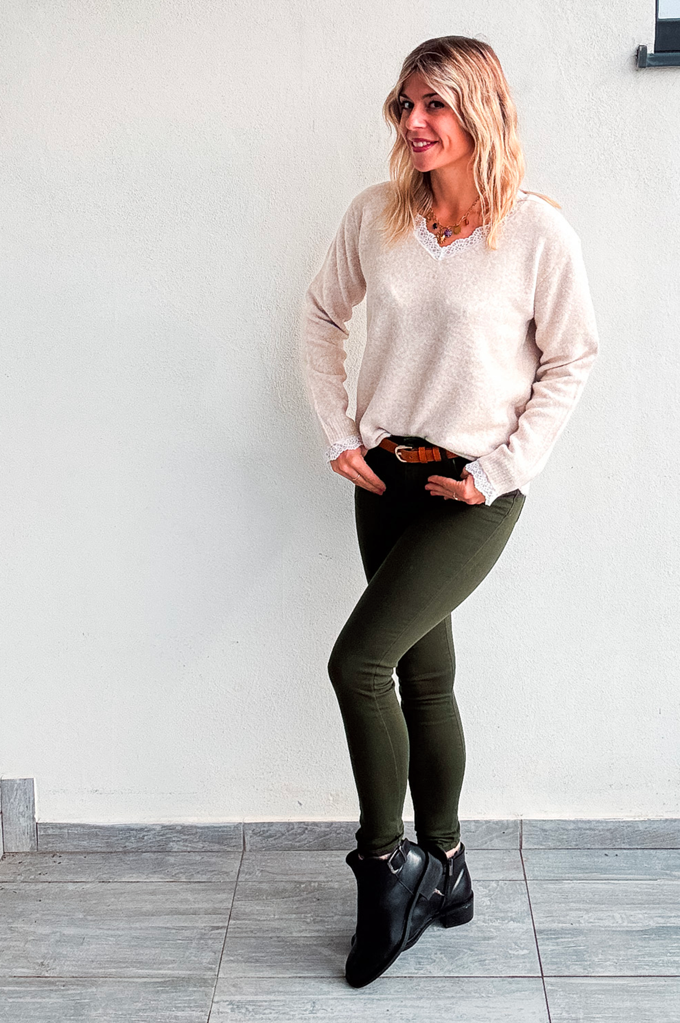 Pantalon skinny vert kaki foncé stretch,