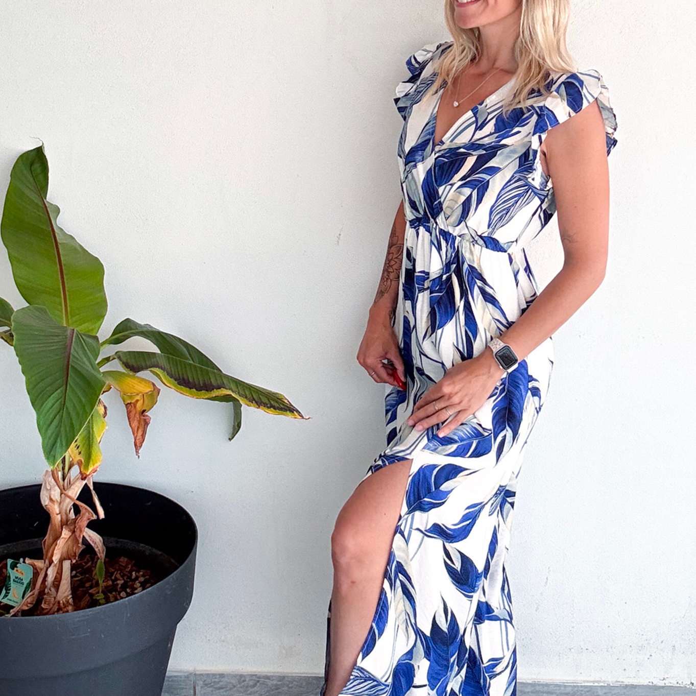 Robe longue blanche motifs bleus la boutique de lydie