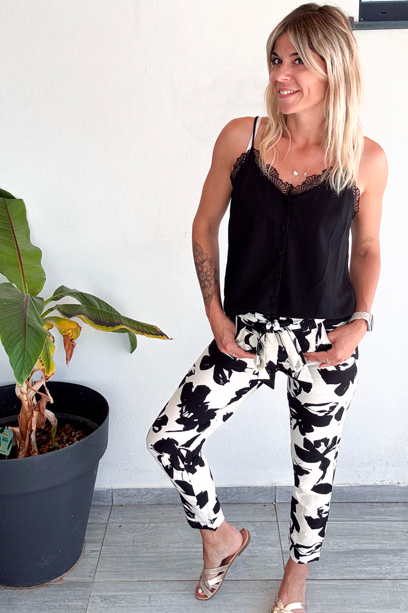 Pantalon fluide crème et noir