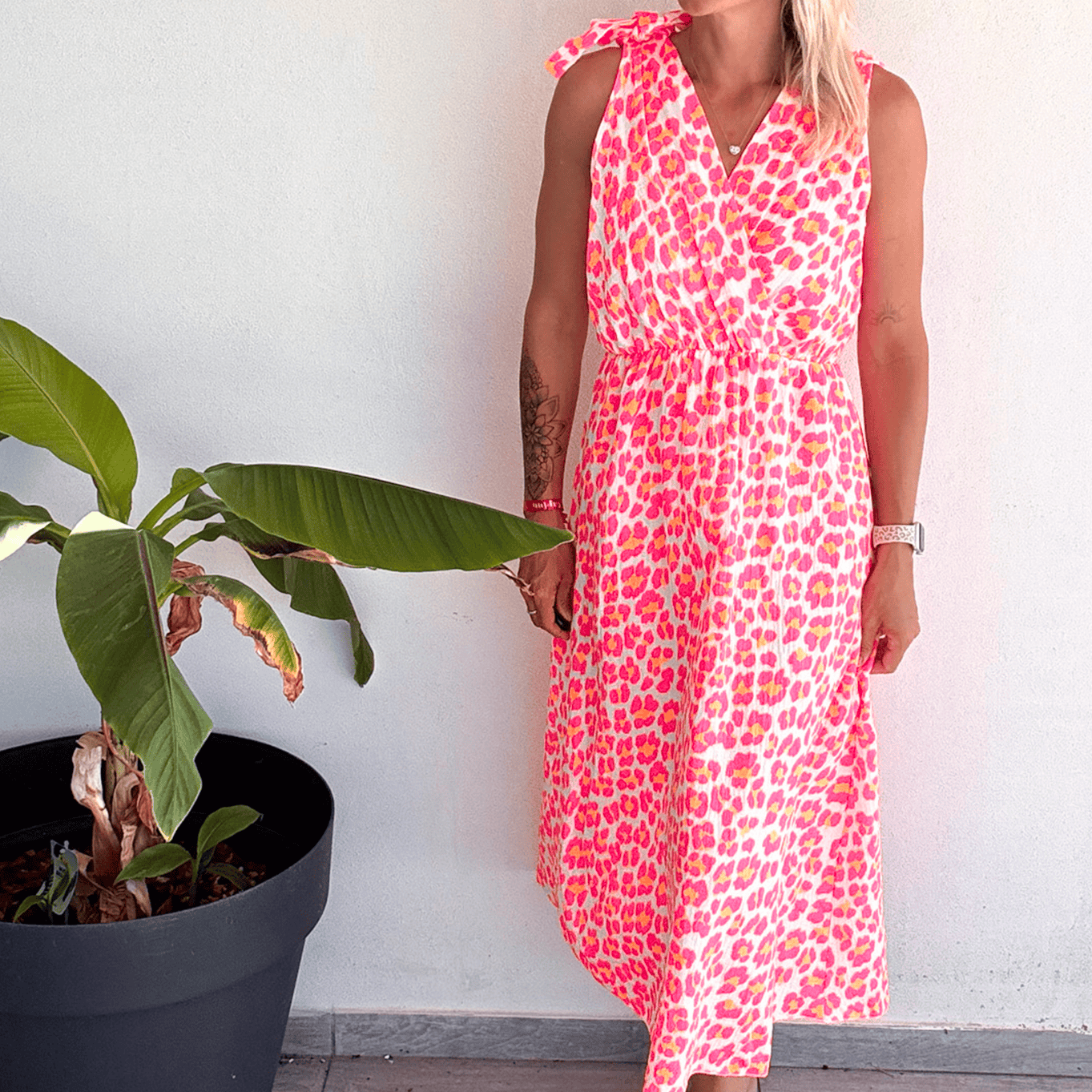 Robe longue motif léopard fushia