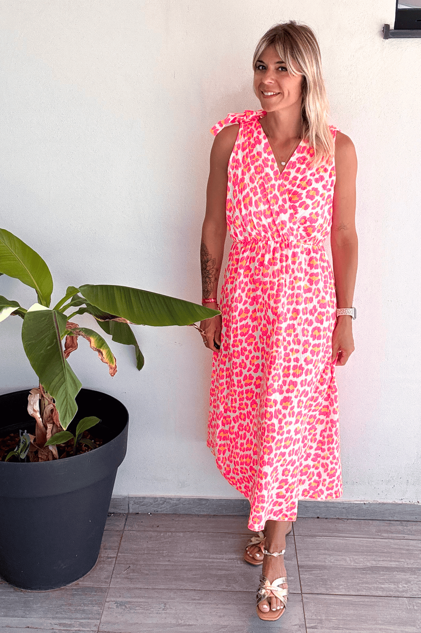 Robe longue motif léopard fushia