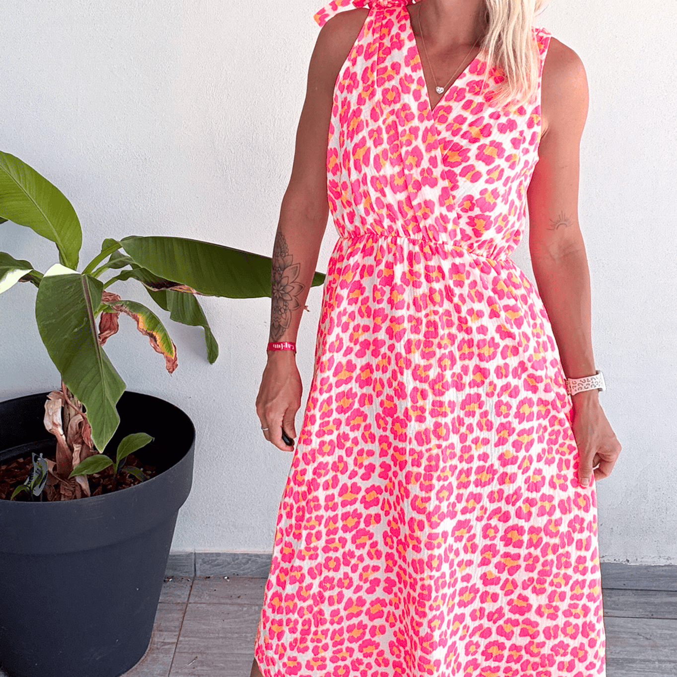 Robe longue motif léopard fushia