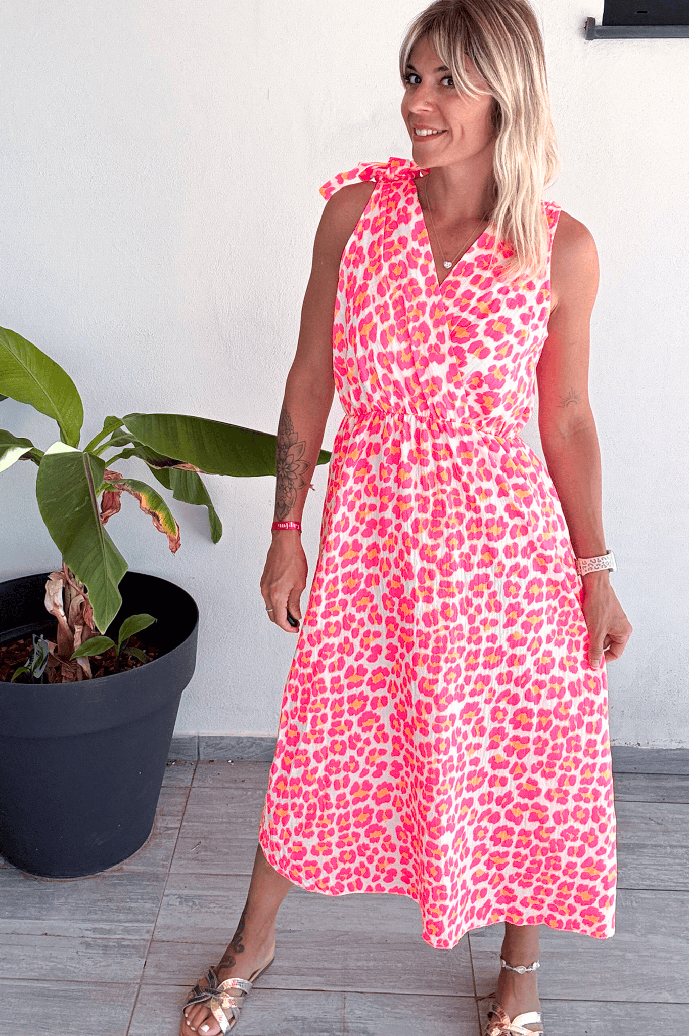 Robe longue motif léopard fushia