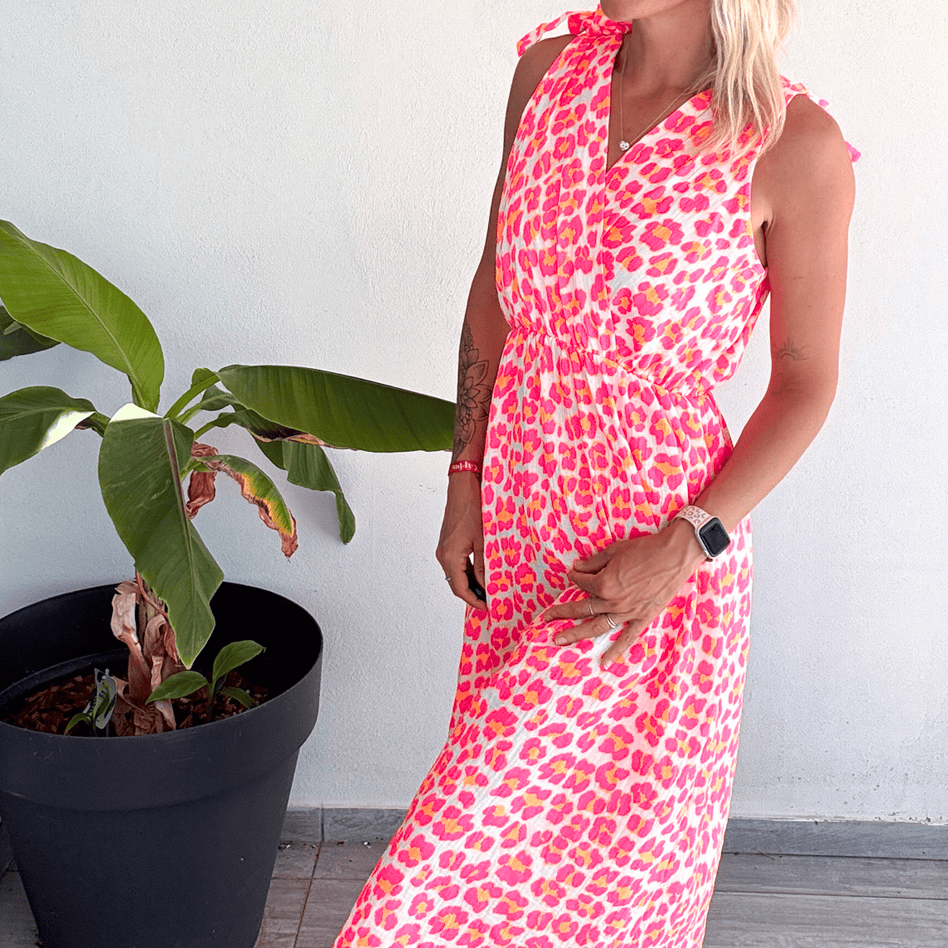 Robe longue motif léopard fushia