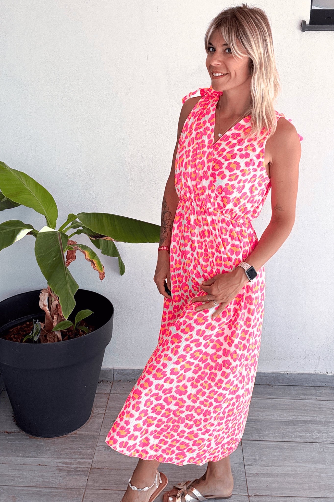 Robe longue motif léopard fushia