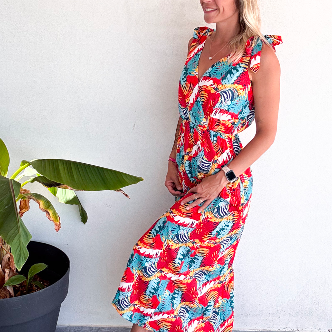 Robe longue motif tropical rouge et vert la boutique de lydie