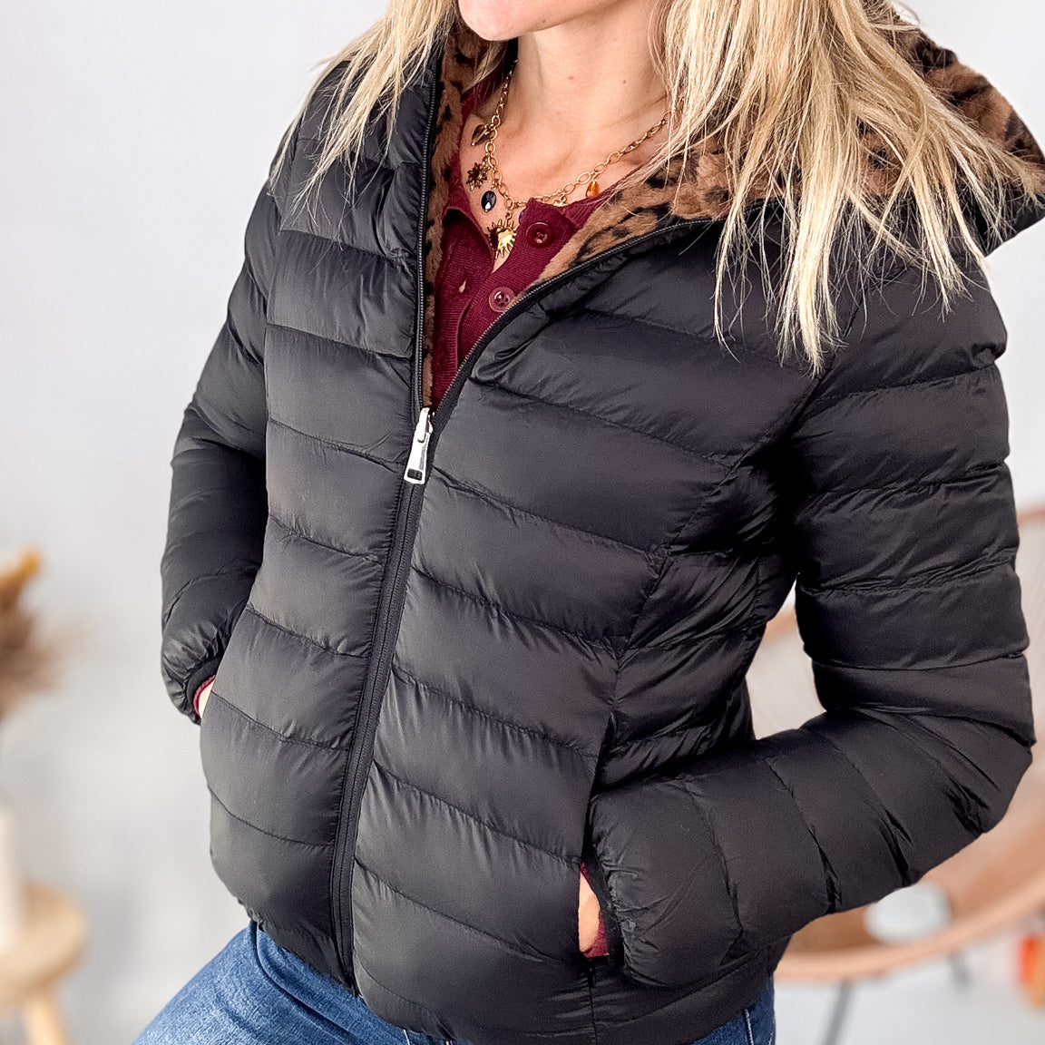 douddoune reversible noire leopard femme