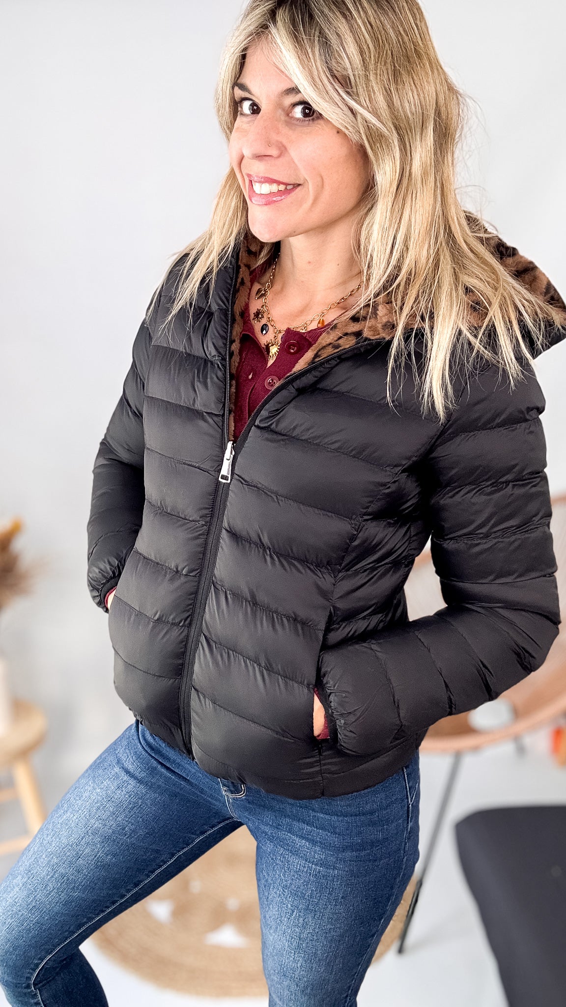 douddoune reversible noire leopard femme