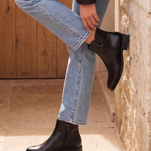 Bottines noires plates bimatière
