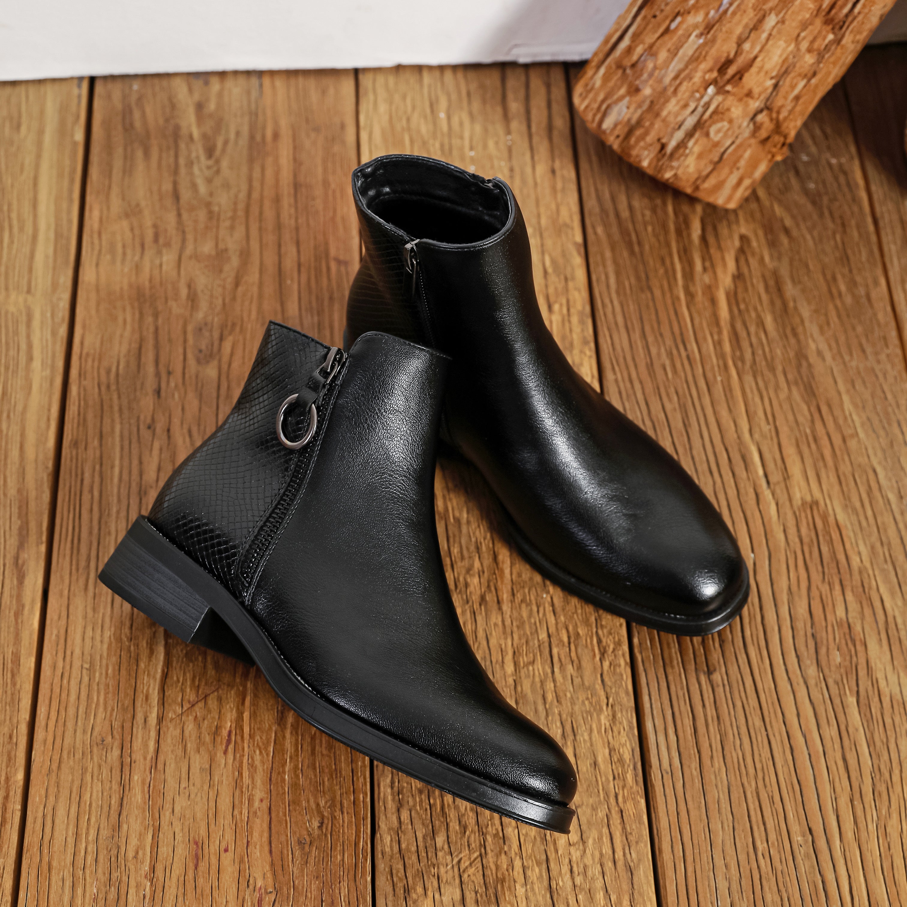 Bottines noires plates bimatière