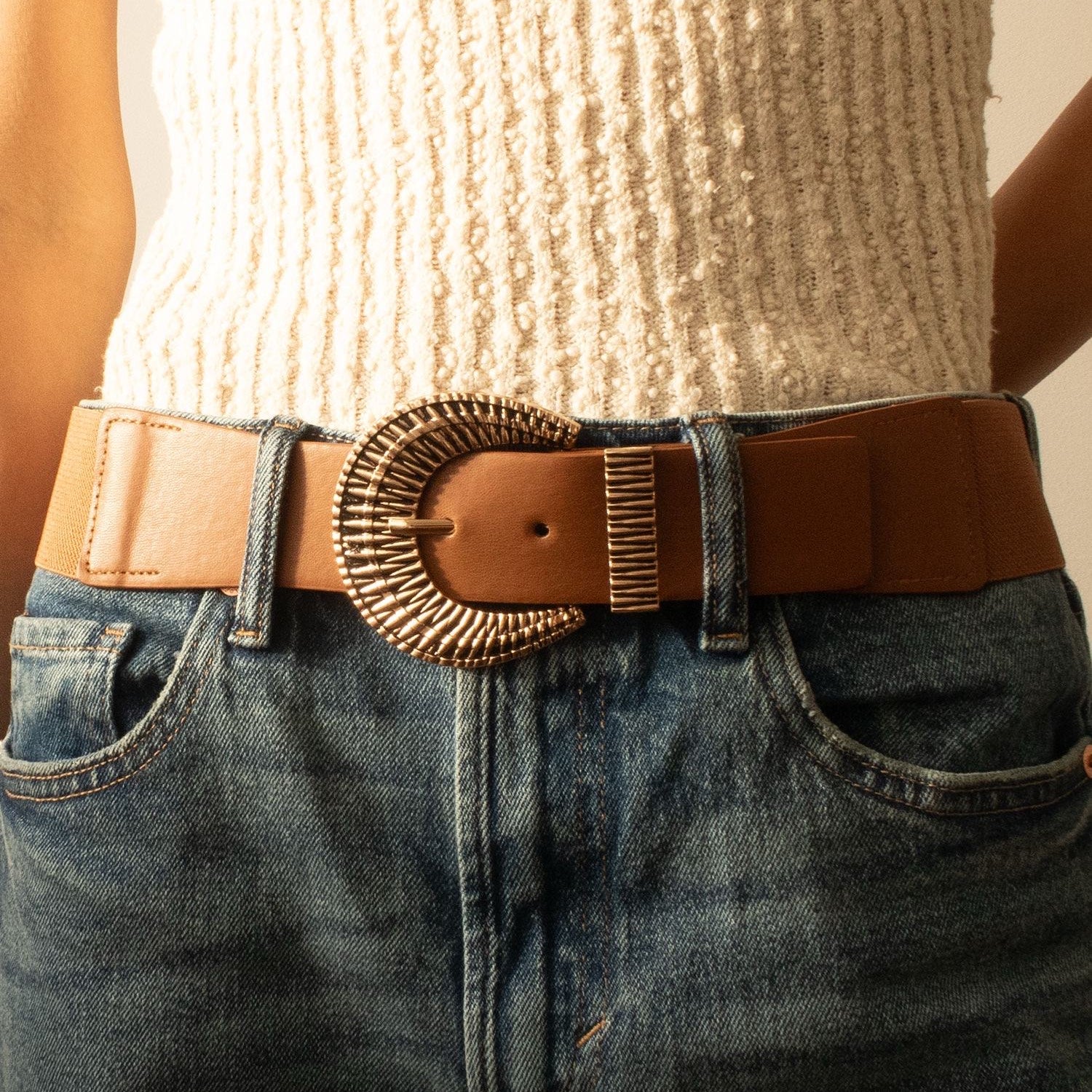 Ceinture Élastique Maggie Camel Taille Unique Boucle Dorée