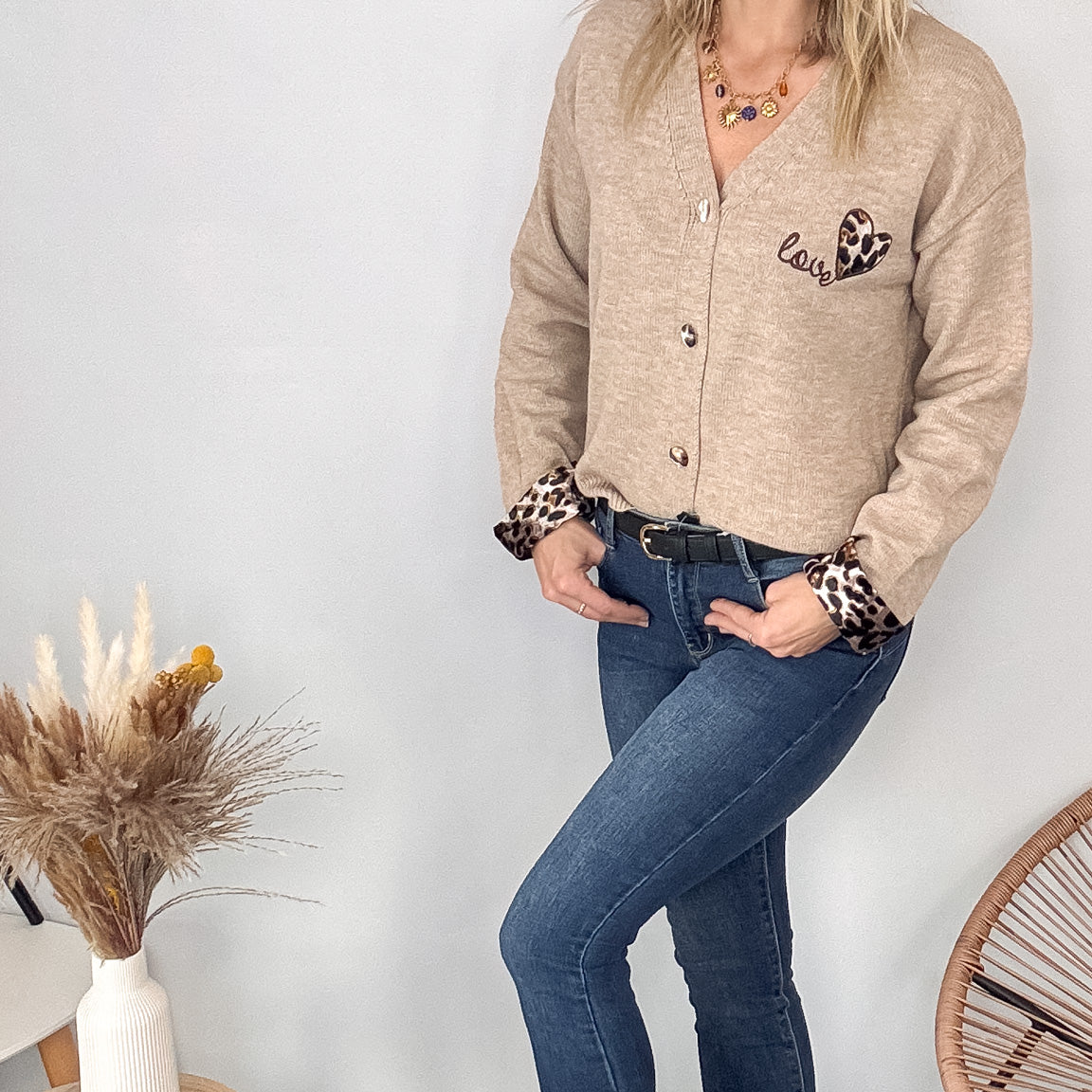 Gilet Cardigan Maille Douce taupe leopard