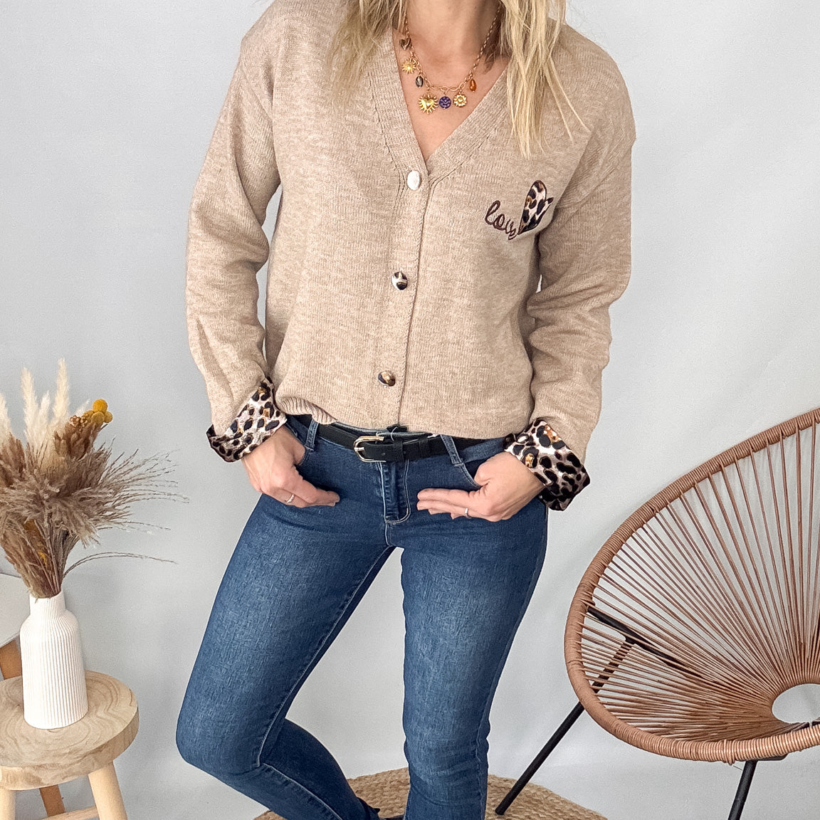 Gilet Cardigan Maille Douce taupe leopard