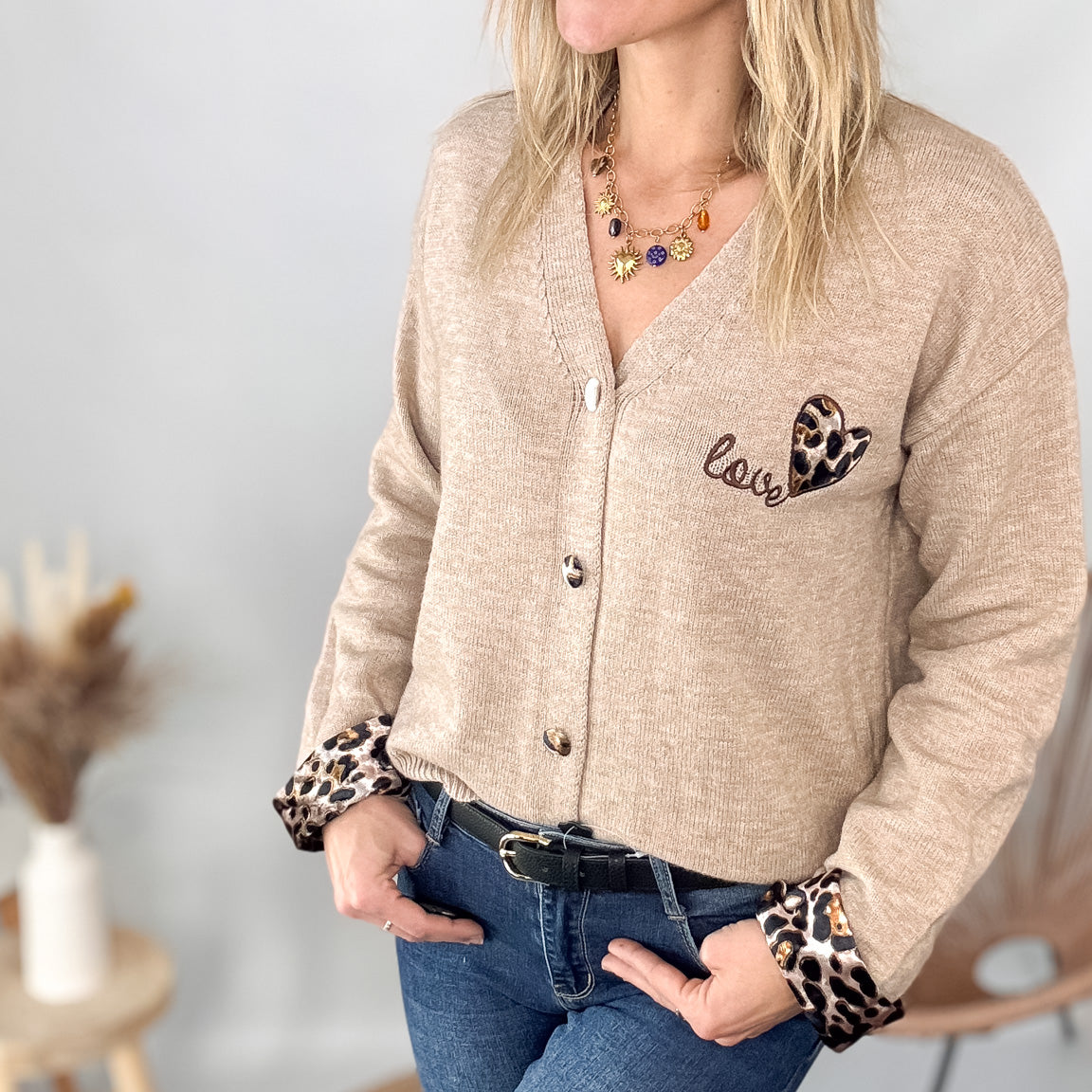 Gilet Cardigan Maille Douce taupe leopard