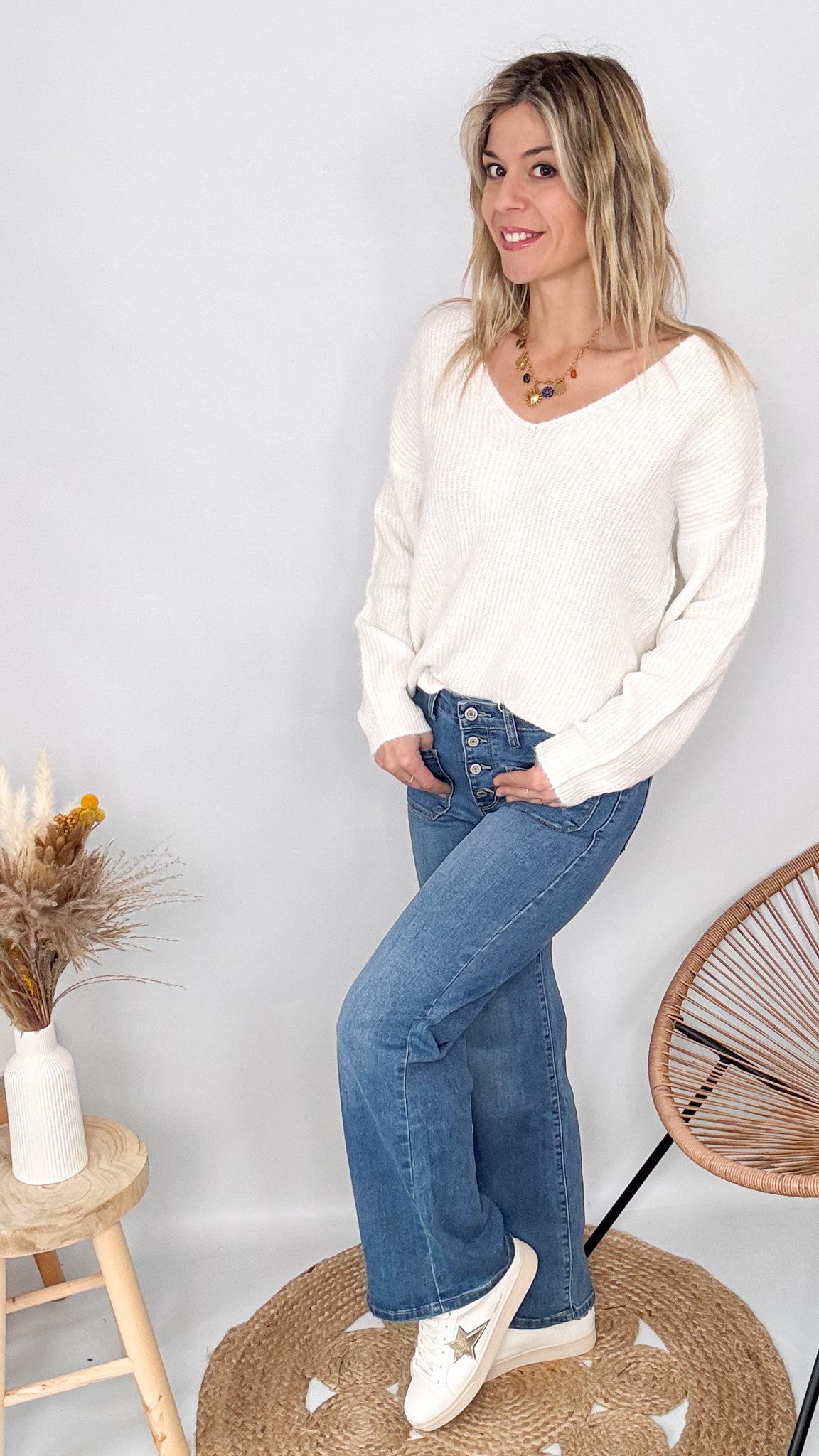 maille pull blanc col V femme