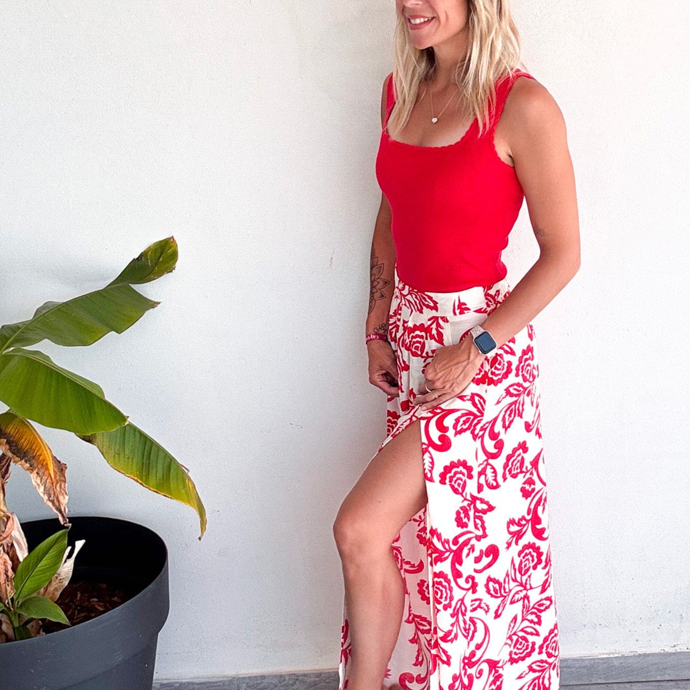 Jupe longue écru motifs rouge la boutique de lydie