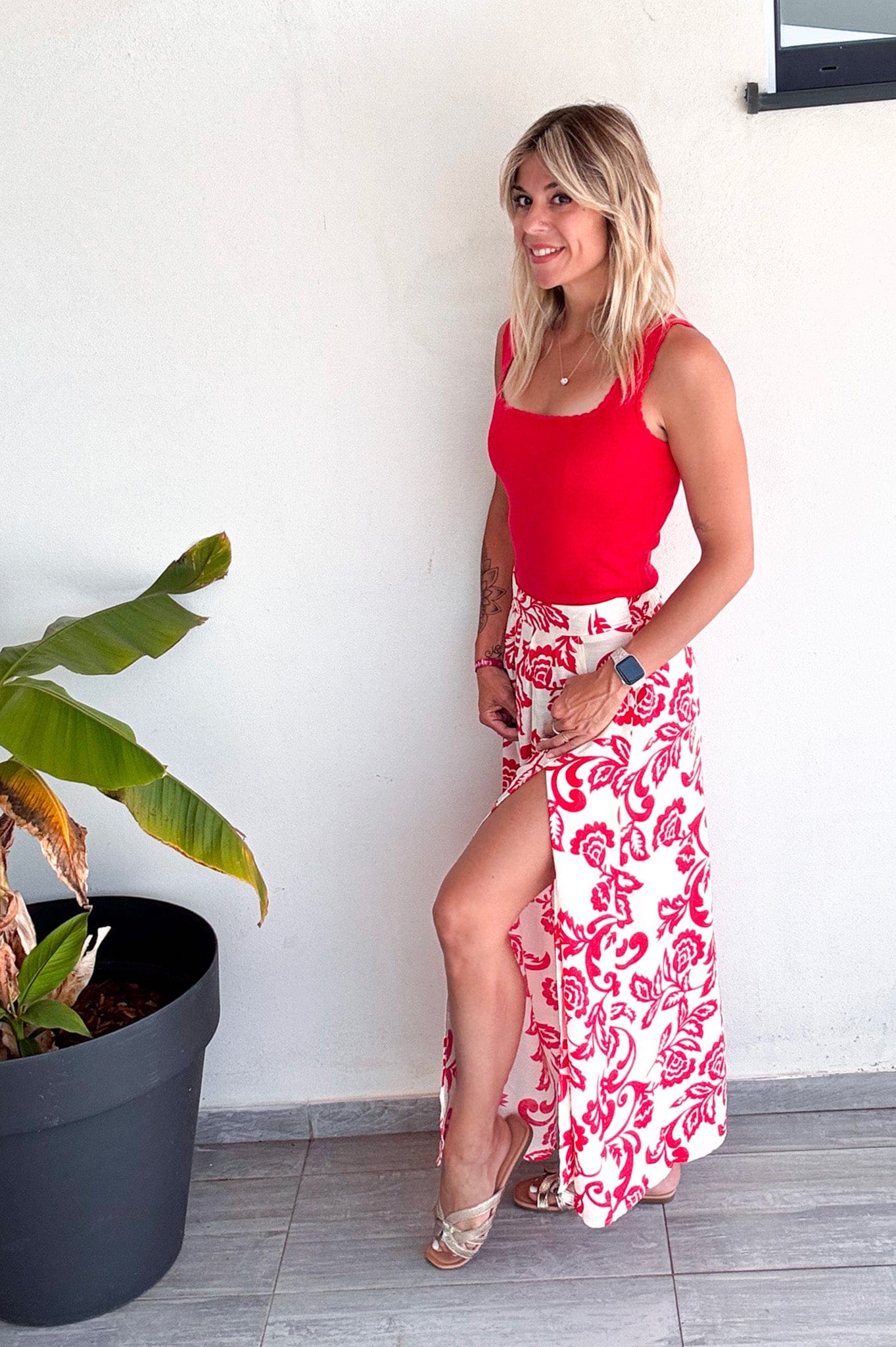 Jupe longue écru motifs rouge la boutique de lydie