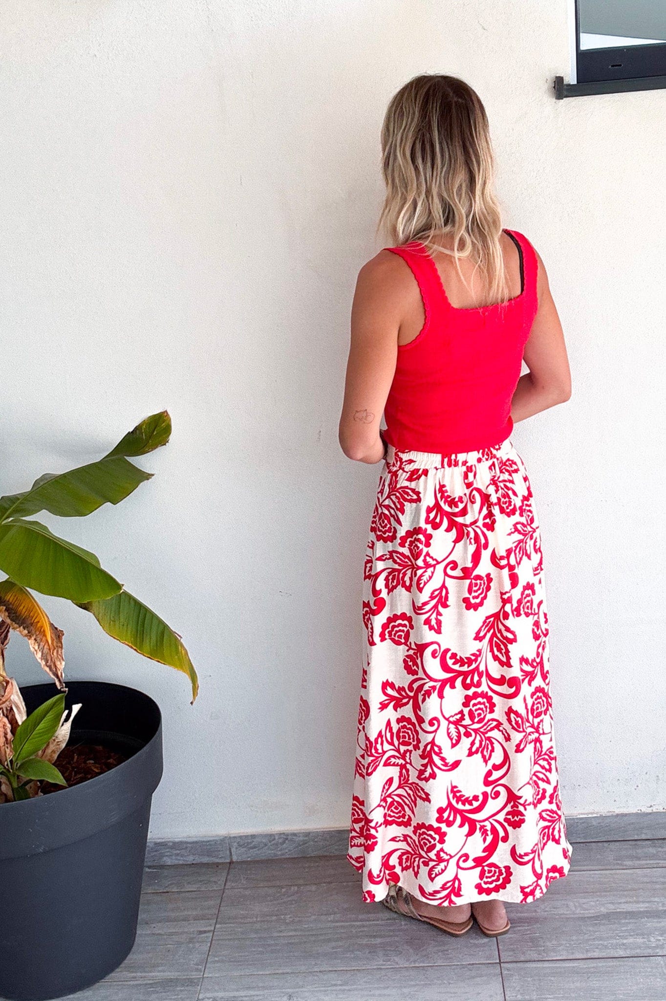Jupe longue fleuri rouge