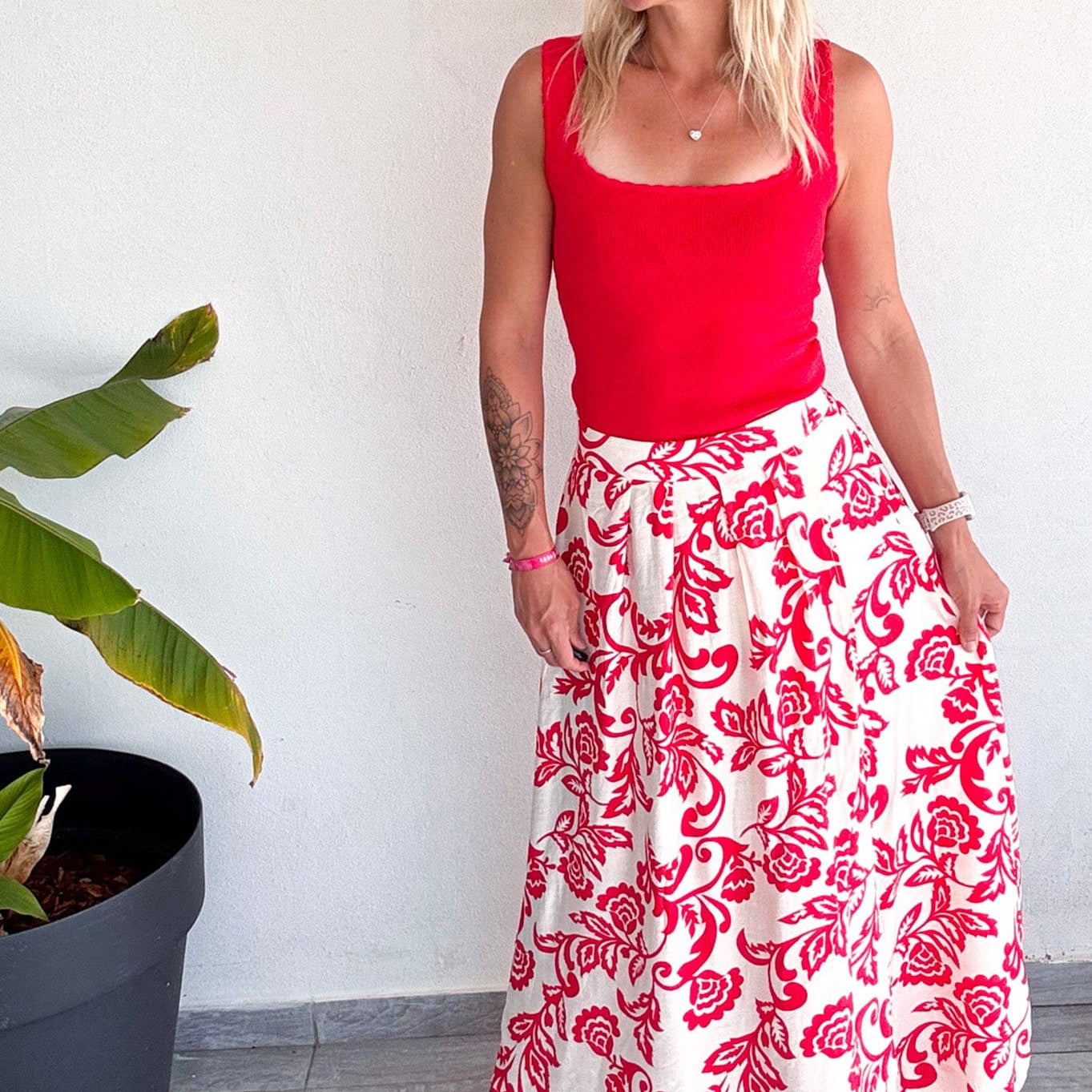 Jupe longue fleuri rouge