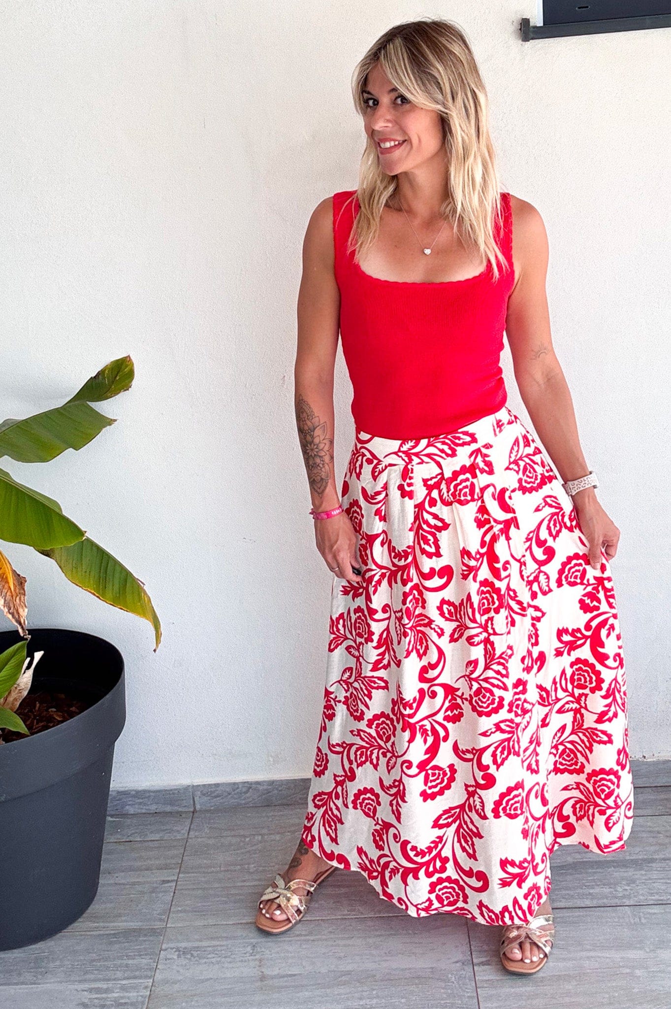 Jupe longue fleuri rouge