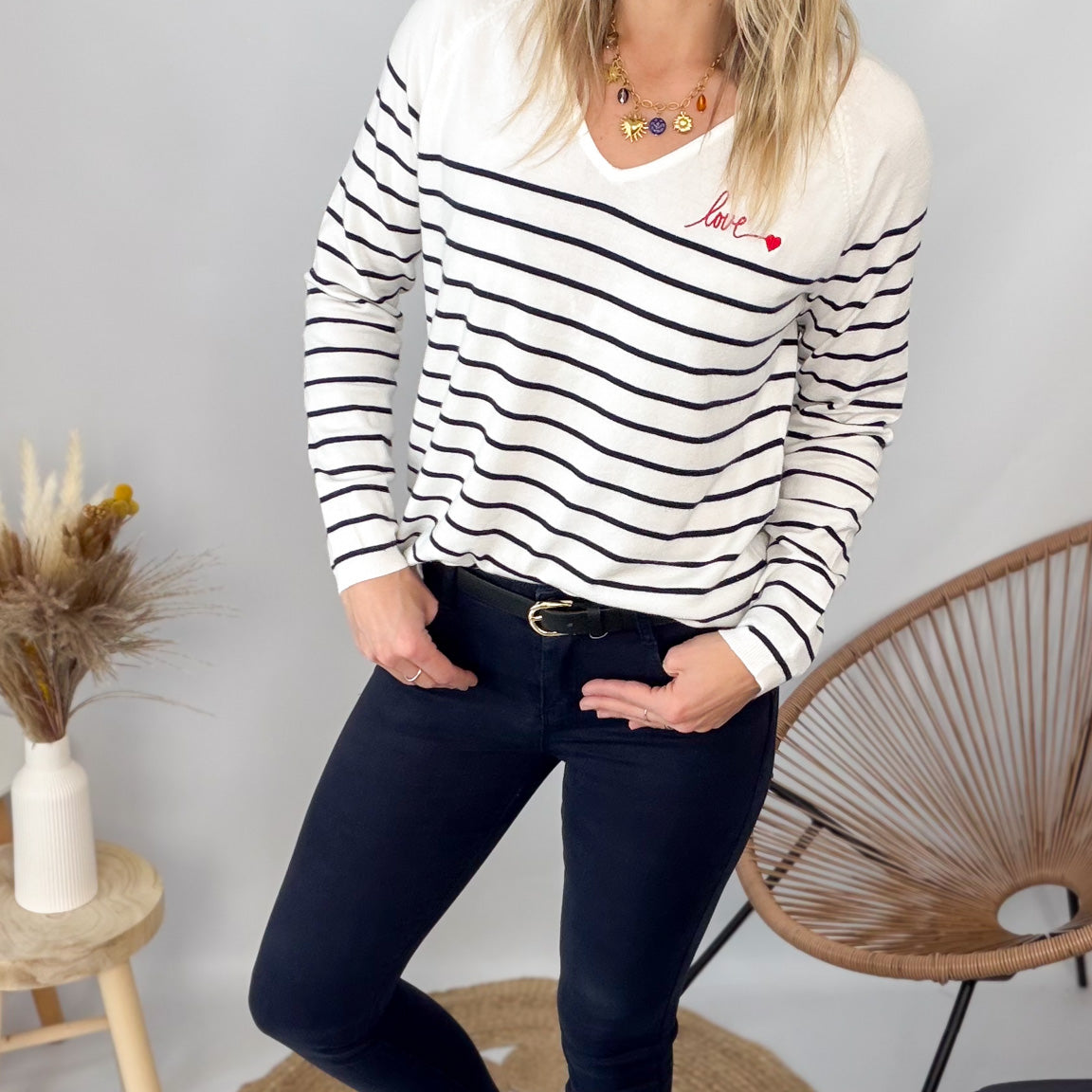 Pull Fin Marinière Femme Love - La Boutique de Lydie