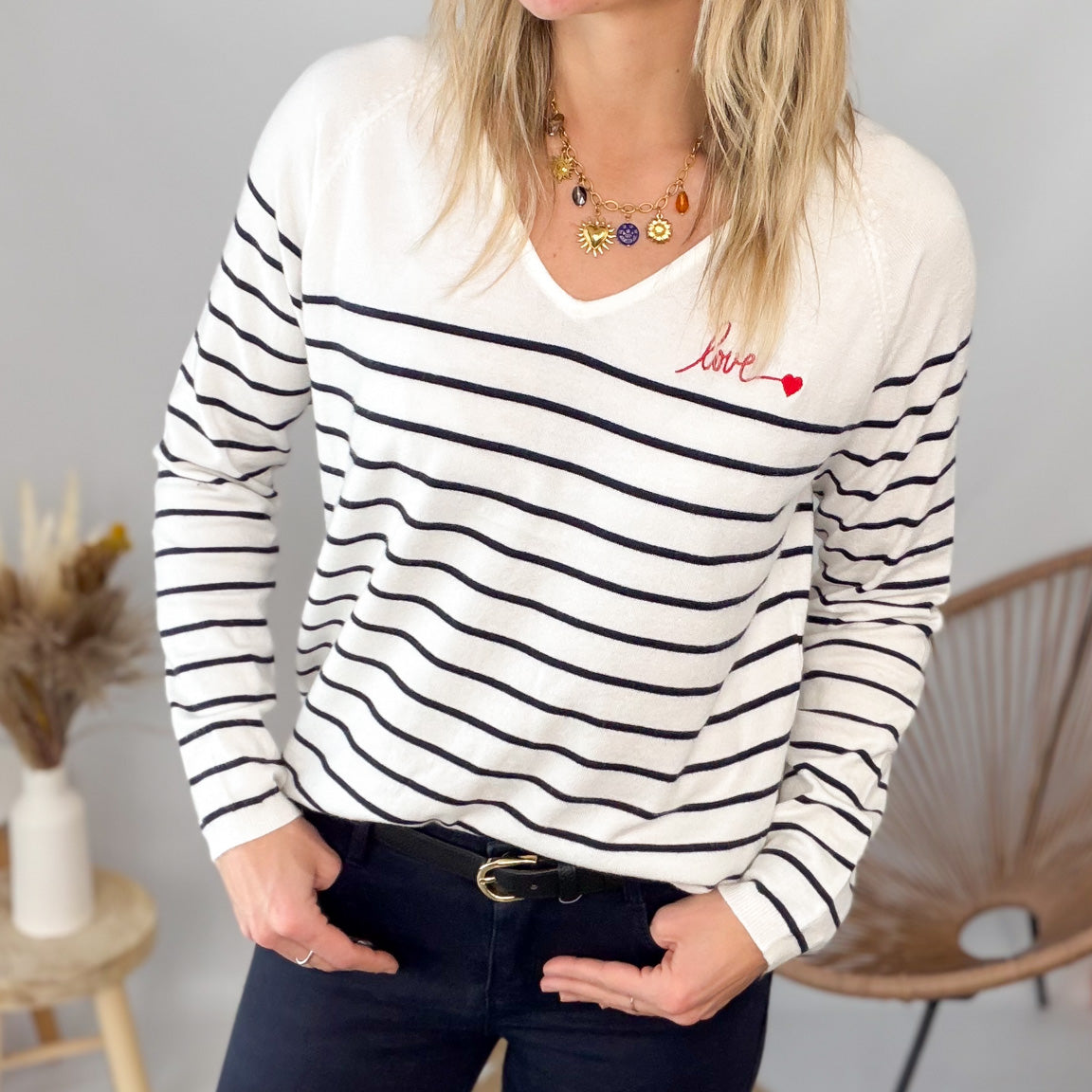 Pull Fin Marinière Femme Love - Taille Unique | La Boutique de Lydie