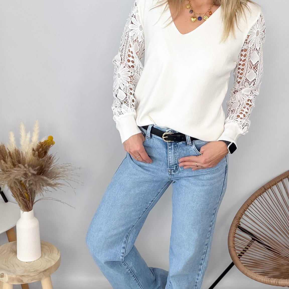 Pull Écru Manches Dentelle - femme