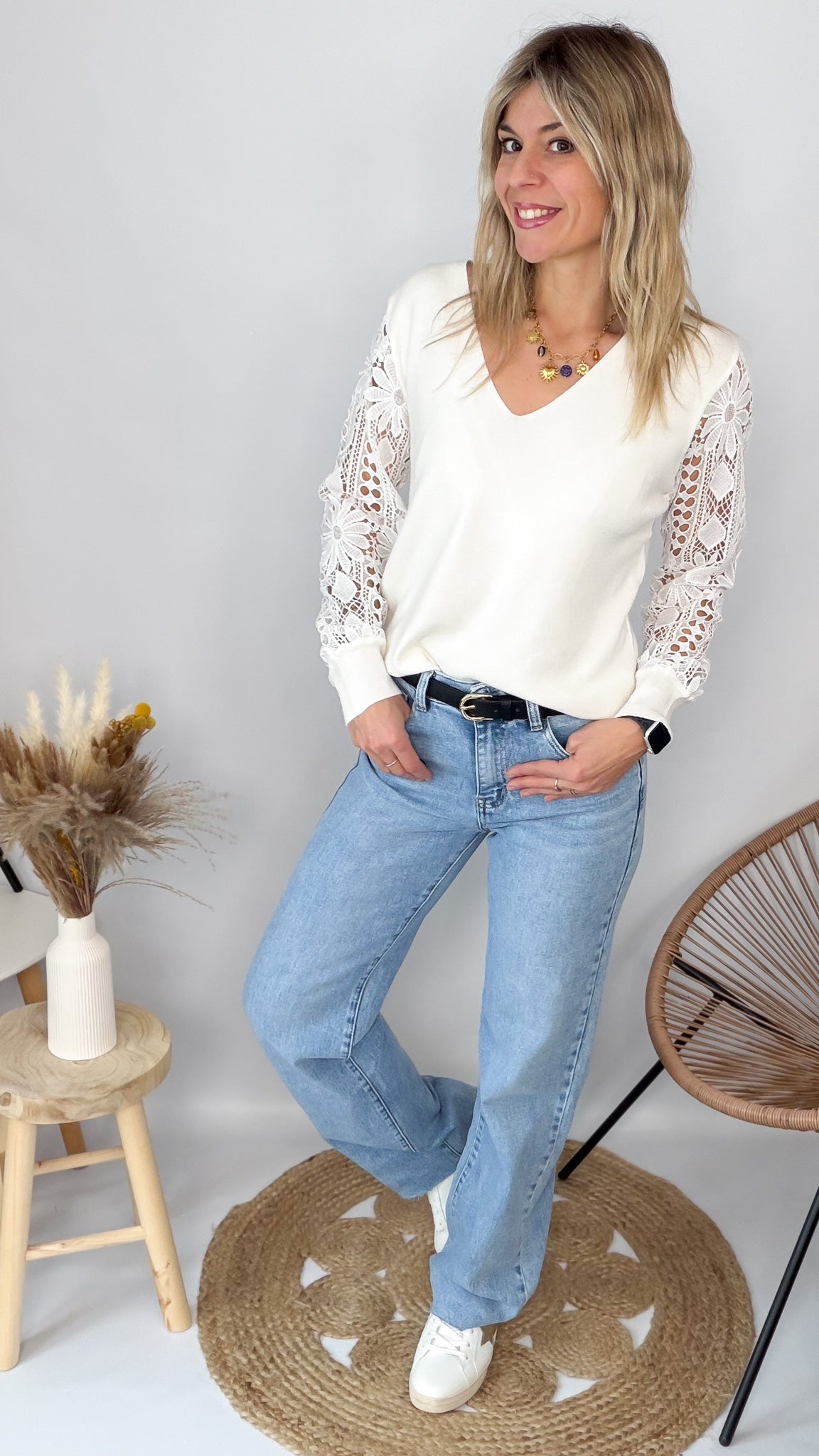 Pull Écru Manches Dentelle - femme