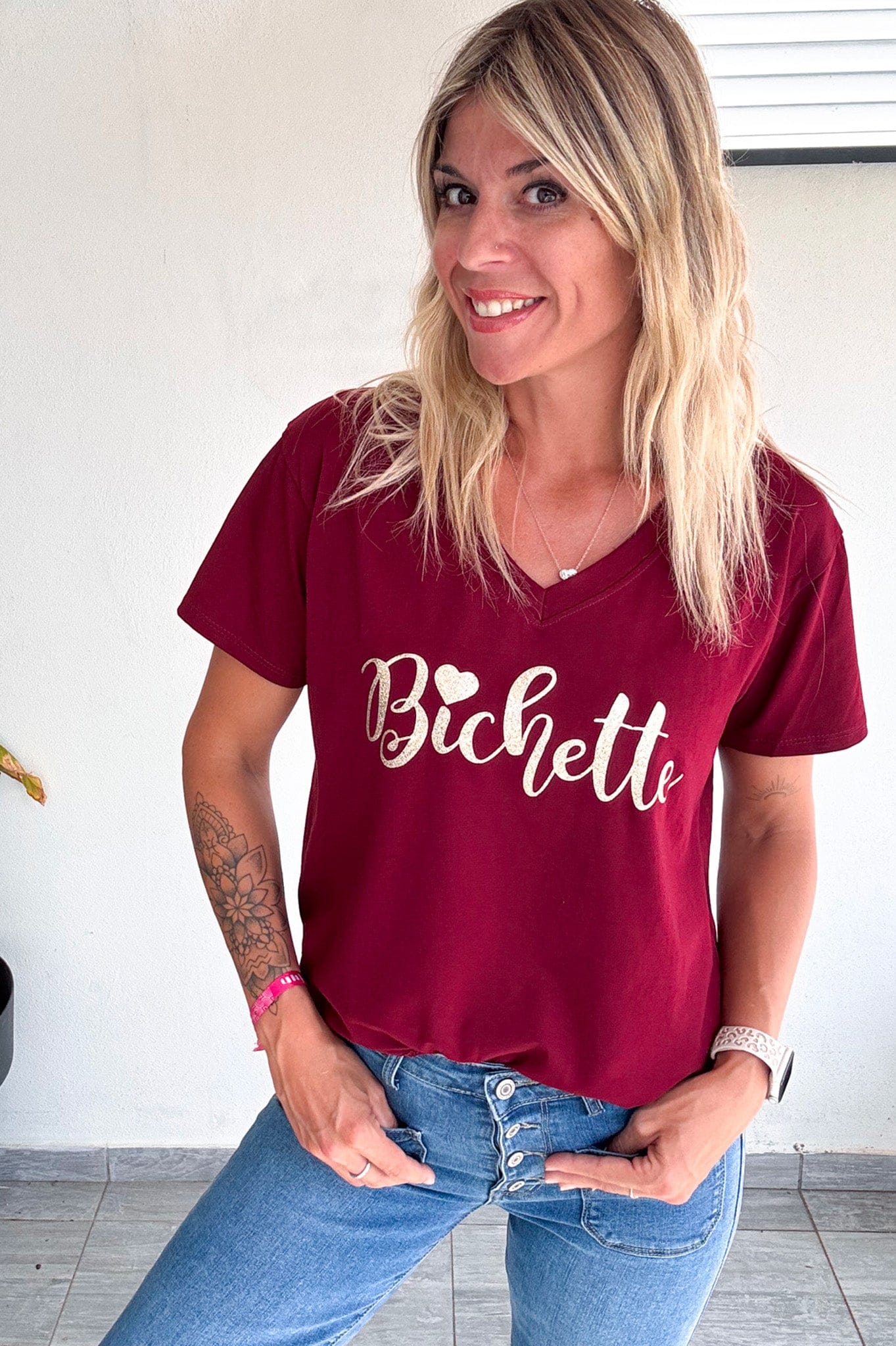 T-shirt bordeaux, floqué "Bichette" la boutique de lydie
