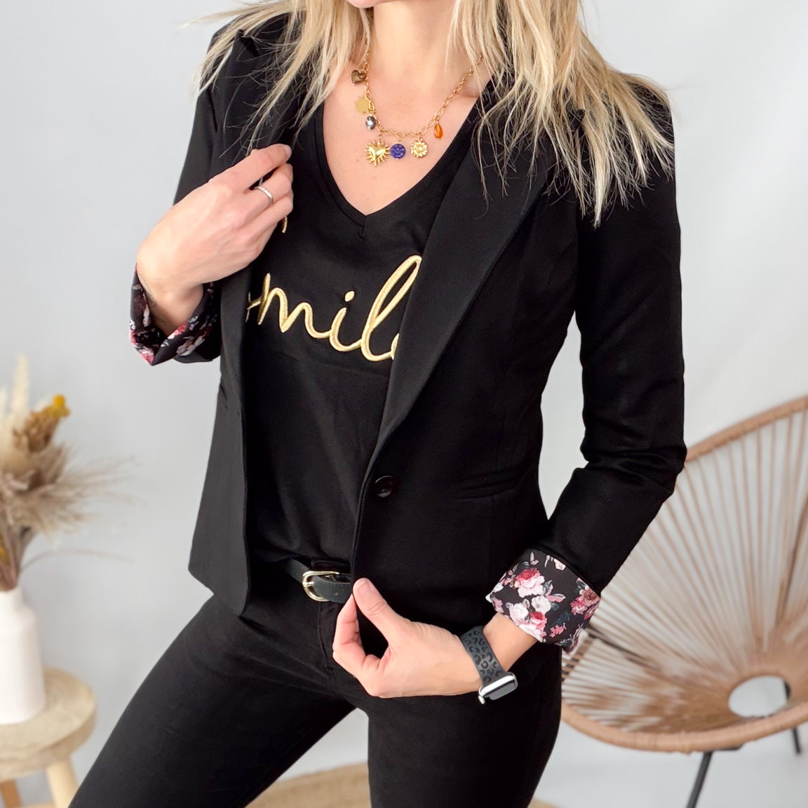 blazer noir revers fleuri la boutique de lydie