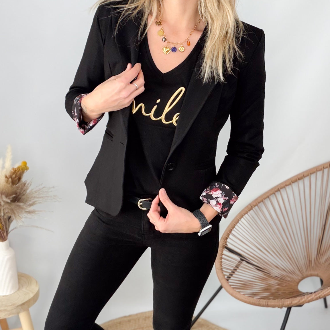 blazer noir revers fleuri la boutique de lydie