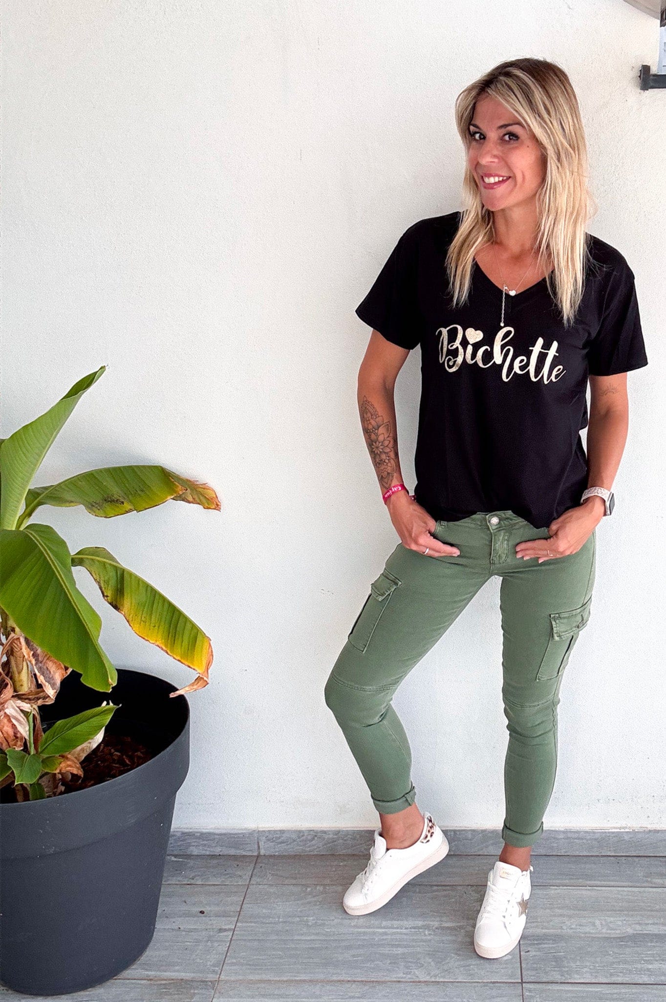 Skinny cargo kaki femme