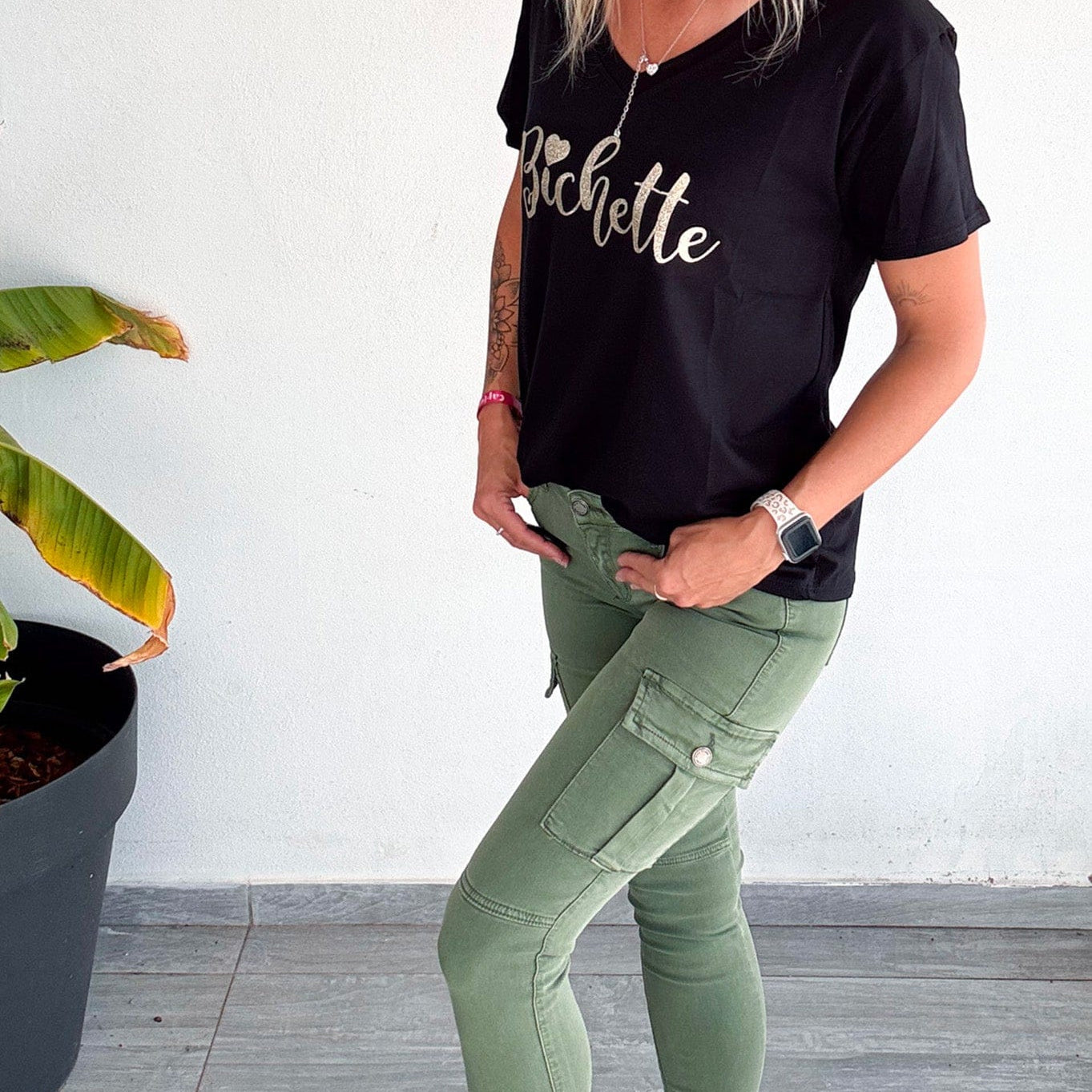 Skinny cargo kaki femme